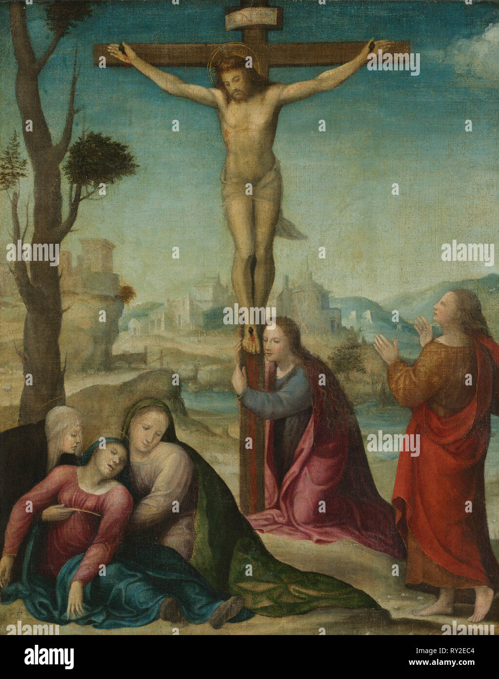 La Crucifixion, 16ème siècle. Disciple de Sodoma (italien, 1477-1549). Huile sur toile encadrée ; : 72 x 59 x 4 cm (28 3/8 x 23 1/4 x 1 9/16 in.) ; sans encadrement : 59 x 47 cm (23 1/4 x 18 1/2 in Banque D'Images