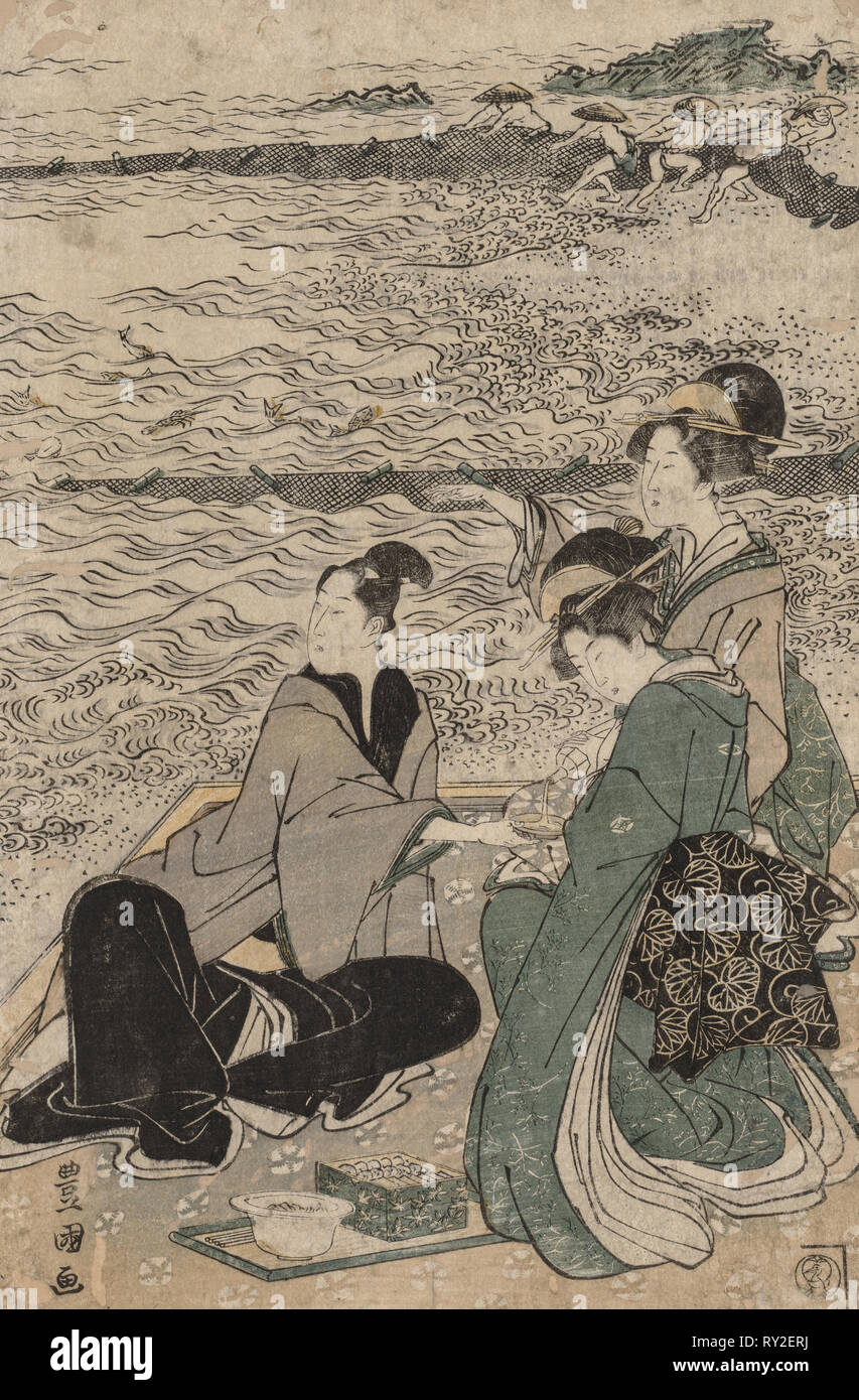 Homme et deux femmes au bord de la mer, 1769-1825. Utagawa Toyokuni (japonais, 1769-1825). Gravure sur bois en couleur Banque D'Images