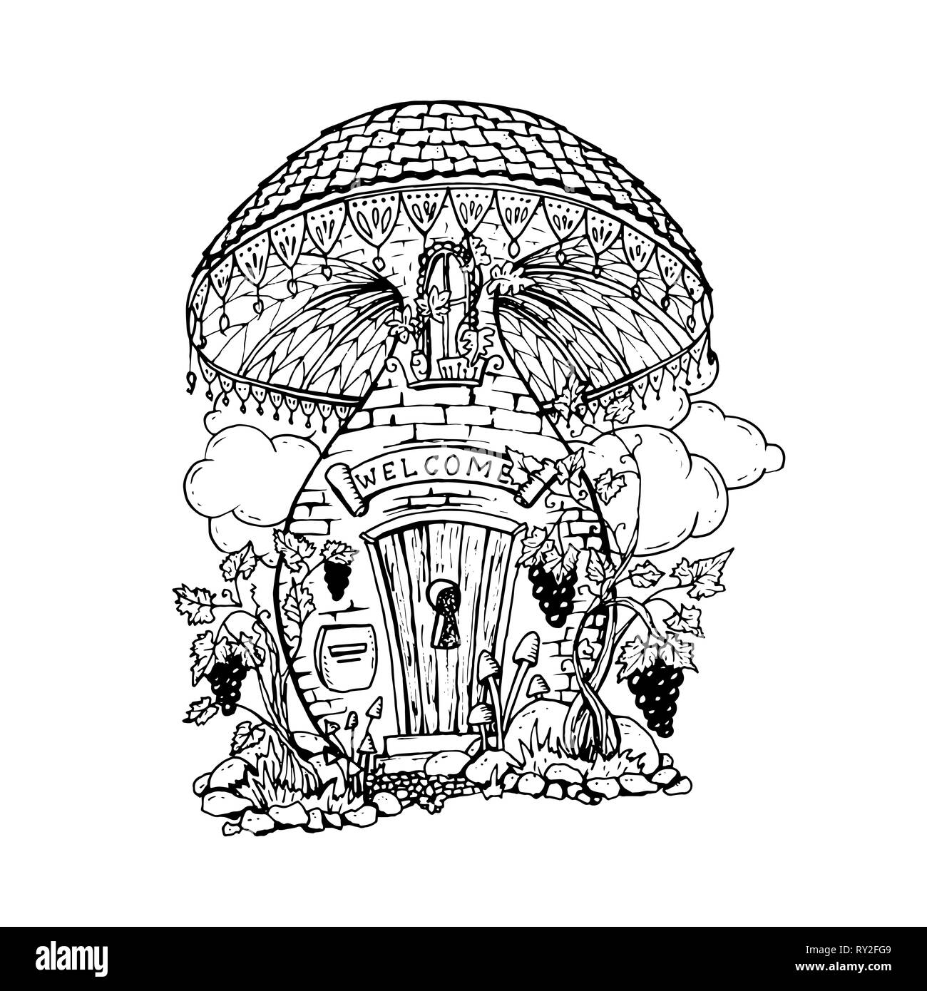 Mushroom house illustration dessiné à la main. Conte de contour de composition dessin. Stylo encre pour enfants sketch. Conte noir et blanc clipart doodle. Livre de coloriage isolés, élément de conception linéaire Banque D'Images