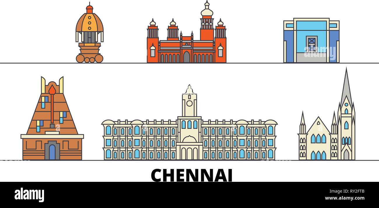 L'Inde, Chennai télévision landmarks illustration vectorielle. L'Inde, Chennai line city avec de célèbres sites de voyage, d'horizon, design. Illustration de Vecteur