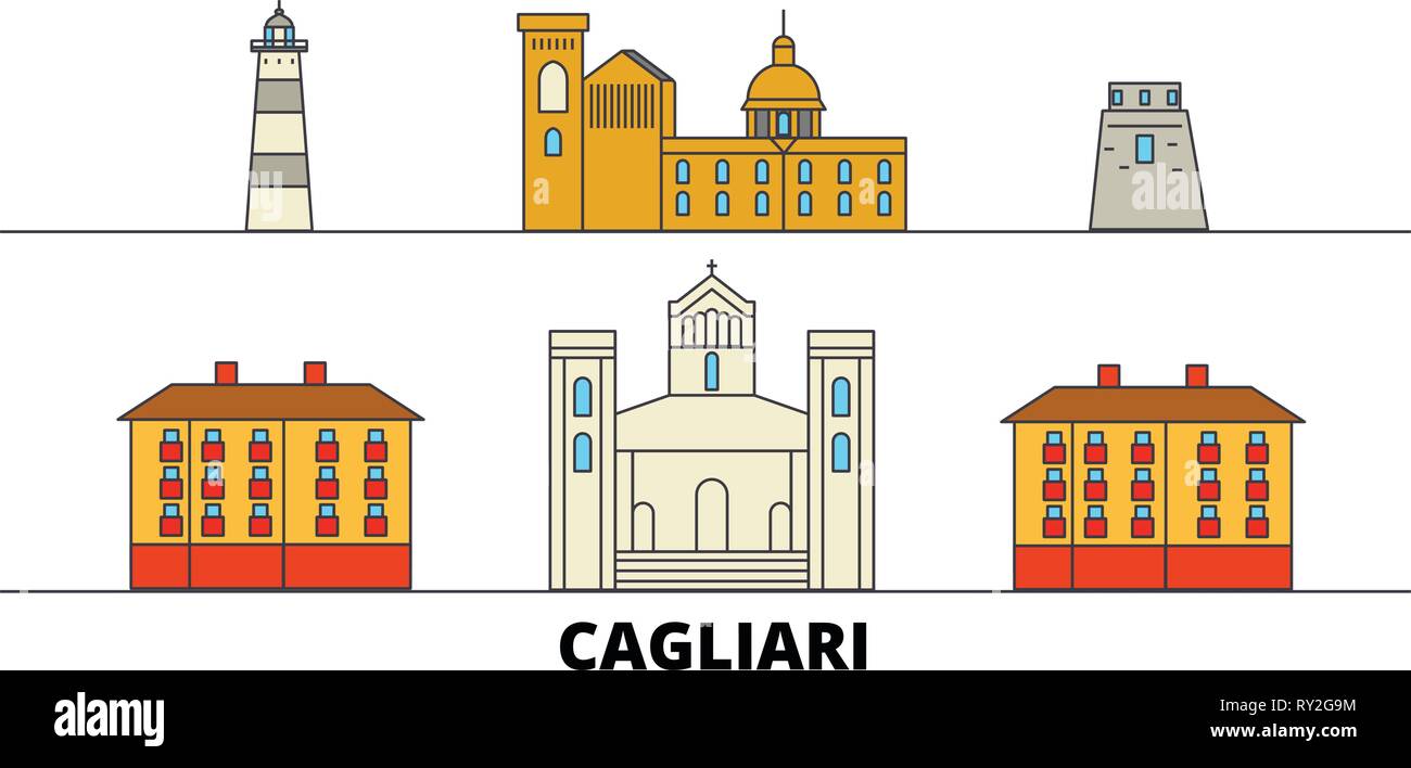 L'Italie, Cagliari télévision landmarks vector illustration. L'Italie, Cagliari line city avec de célèbres sites de voyage, d'horizon, design. Illustration de Vecteur