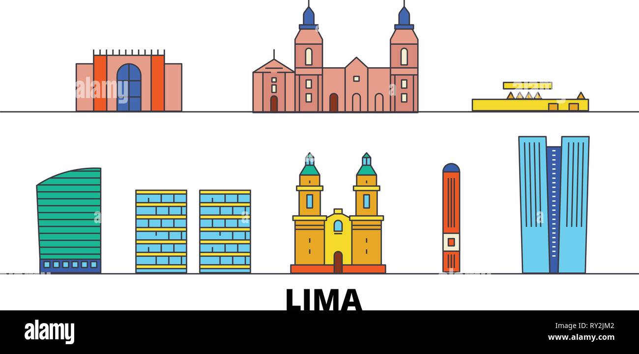 Pérou, Lima flat landmarks vector illustration. Pérou, Lima line city avec de célèbres sites de voyage, d'horizon, design. Illustration de Vecteur