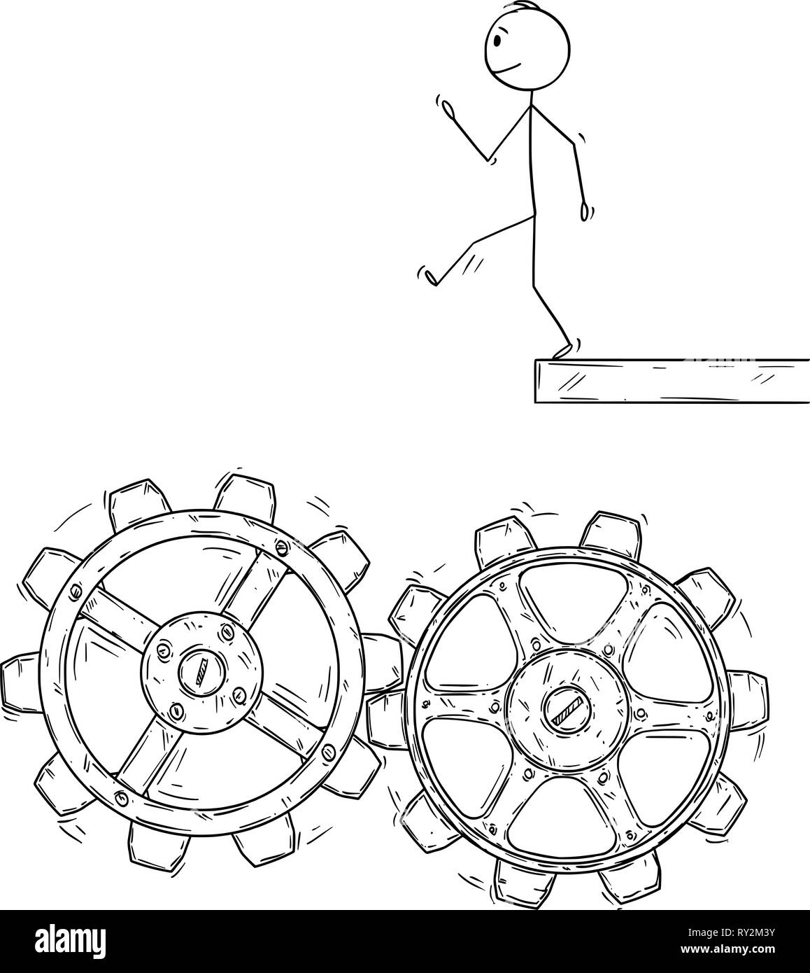 Caricature de l'homme ou Businessman Walking Artless à tomber dans la Machine à roues dentées Illustration de Vecteur