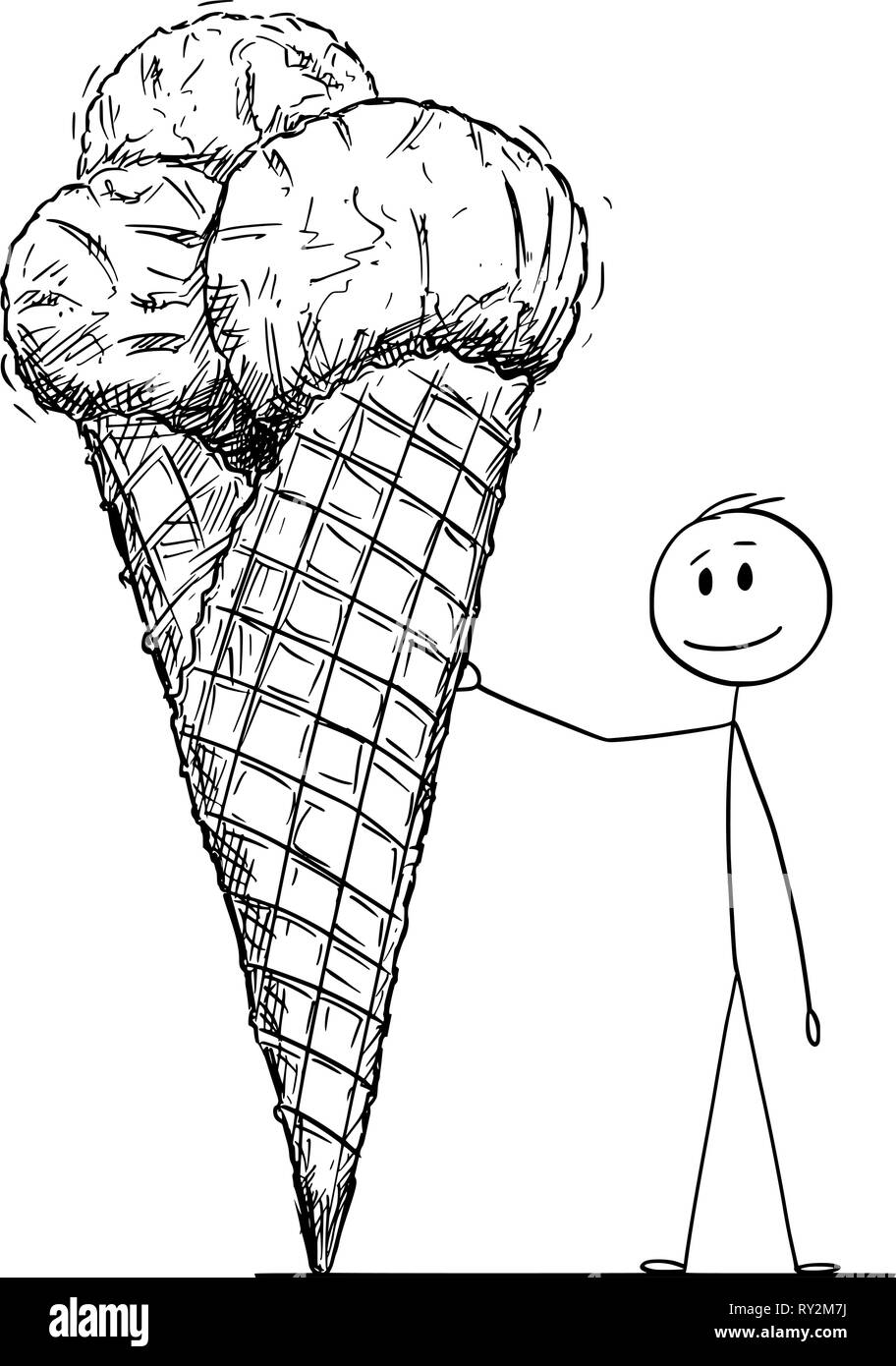 Caricature de l'homme appuyée sur de grands cônes de Glace ou Icecream Illustration de Vecteur