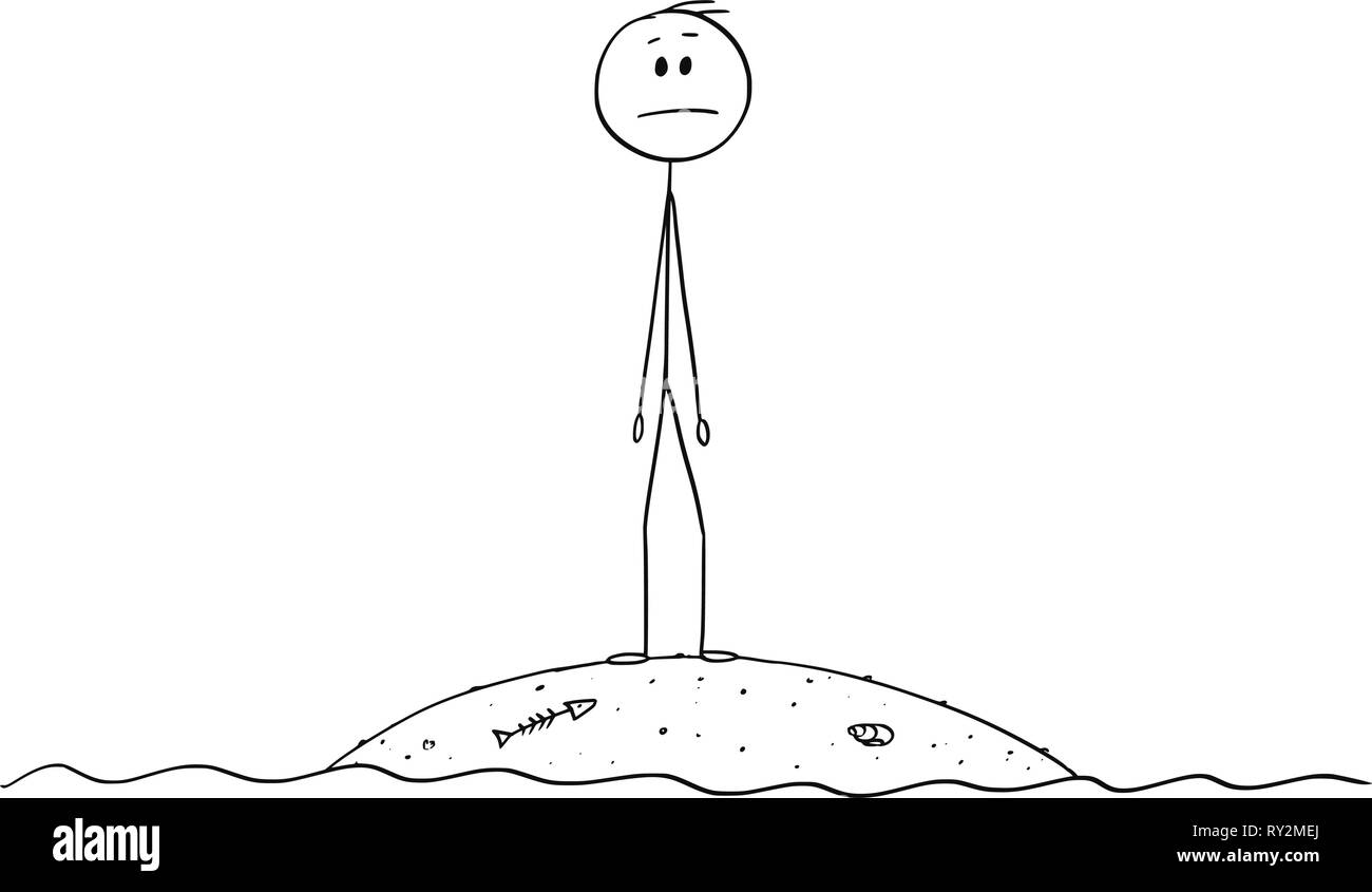 Caricature de Castaway Homme ou businessman standing on Small Island Illustration de Vecteur