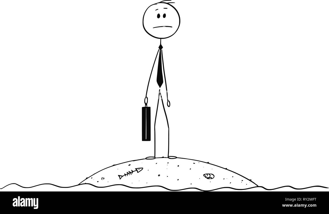 Caricature de Castaway businessman standing on Small Island Illustration de Vecteur