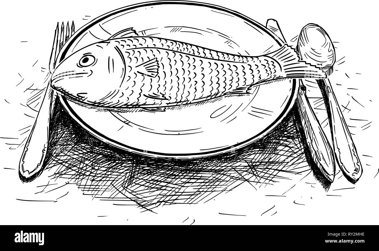 L'alimentation de poissons de dessin animé sur assiette Illustration de Vecteur