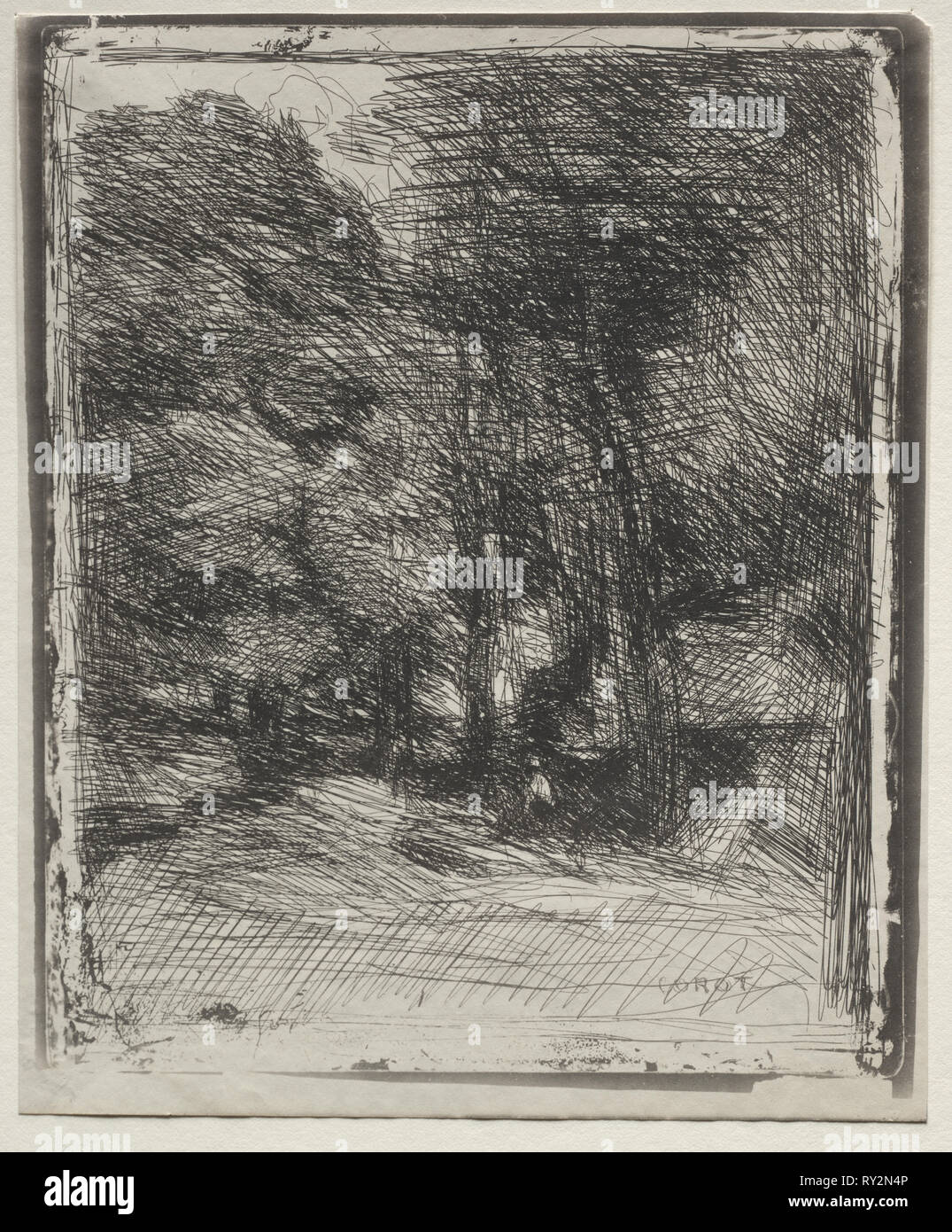 Un petit souvenir du Bas-Bréau, impression d'origine 1858, imprimé en 1921. Jean Baptiste Camille Corot (Français, 1796-1875). Cliché-verre ; feuille : 21 x 17,3 cm (8 1/4 x 6 13/16 in.) ; image : 19,4 x 16,3 cm (7 5/8 x 6 7/16 in Banque D'Images