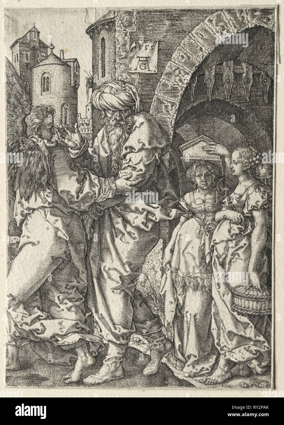 L'histoire de Lot : Lot et sa famille fuyant Sodome, 1555. Heinrich Aldegrever (allemand, 1502-1555/61). Gravure Banque D'Images