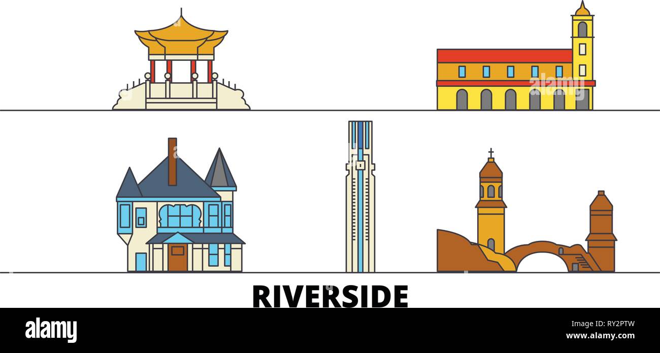 United States, Riverside télévision landmarks vector illustration. United States, Riverside line city avec de célèbres sites de voyage, d'horizon, design. Illustration de Vecteur