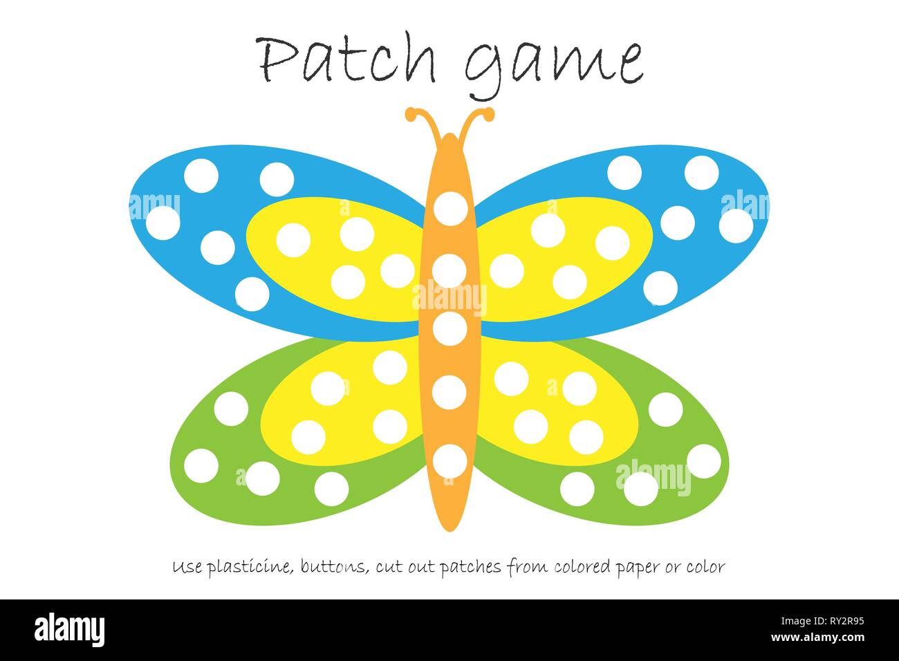 Patch papillon jeu de l'éducation pour les enfants de développer des habiletés motrices, utiliser la pâte à modeler des correctifs, des boutons, du papier de couleur ou de la couleur de la page, kids preschool Illustration de Vecteur