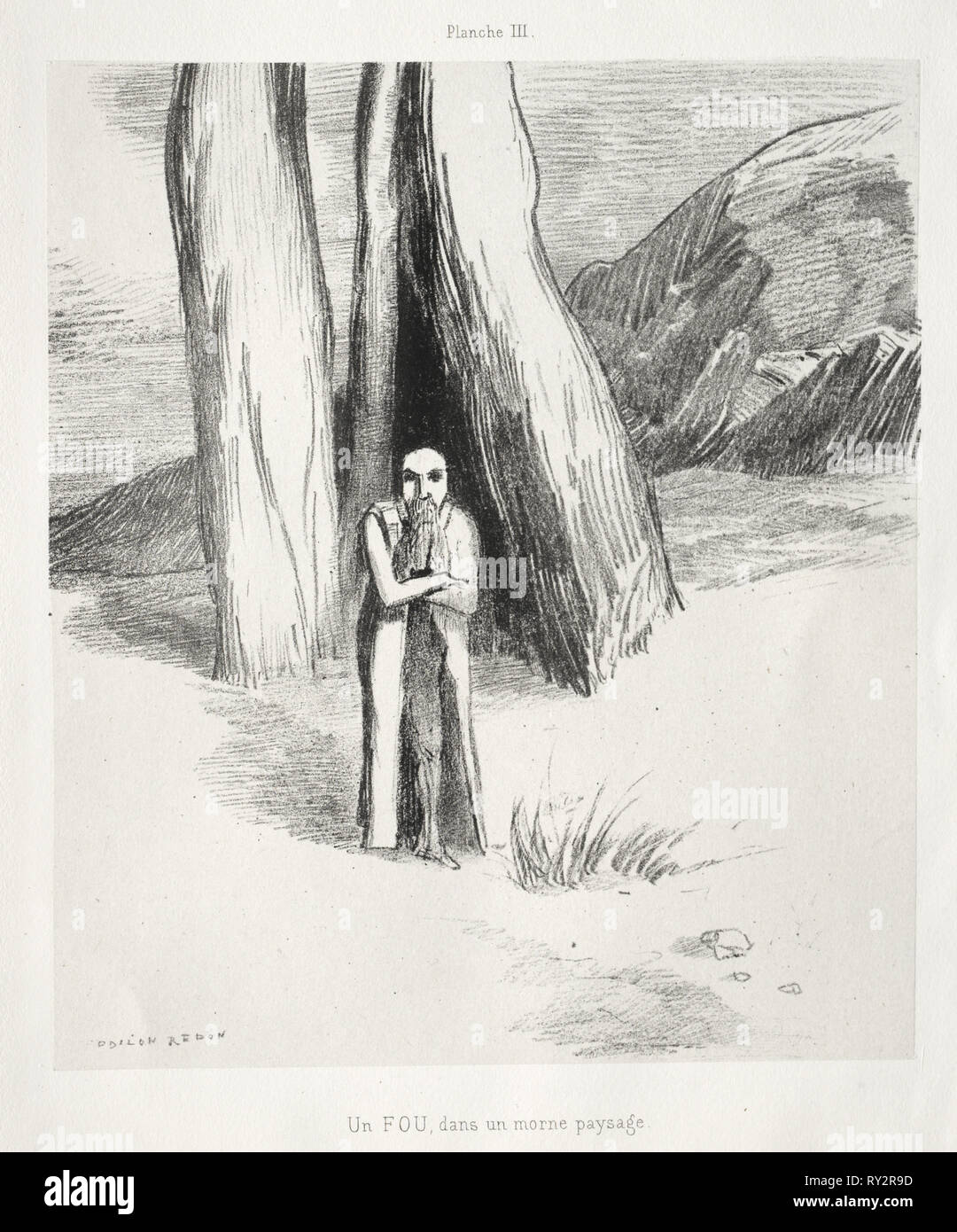 Hommage à Goya : un fou dans un paysage désolé, 1885. Odilon Redon (Français, 1840-1916). Lithographie Banque D'Images