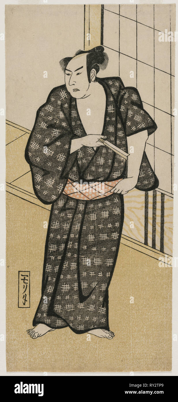 Holding acteur un rasoir, c. Années 1790 ou début des années 1800. Le Japon, la période Edo (1615-1868). Gravure sur bois en couleur ; feuille : 31,2 x 14 cm (12 1/2 x 5 5/16 in Banque D'Images