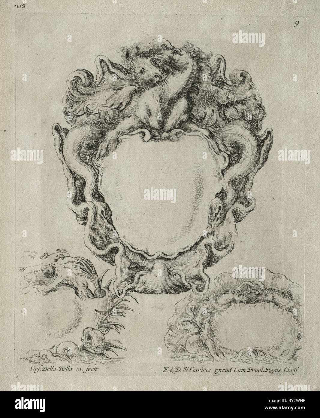 Collection de divers caprices et de nouveaux modèles de cartouches et ornements : n° 9. Stefano Della Bella (italien, 1610-1664). Eau-forte Banque D'Images