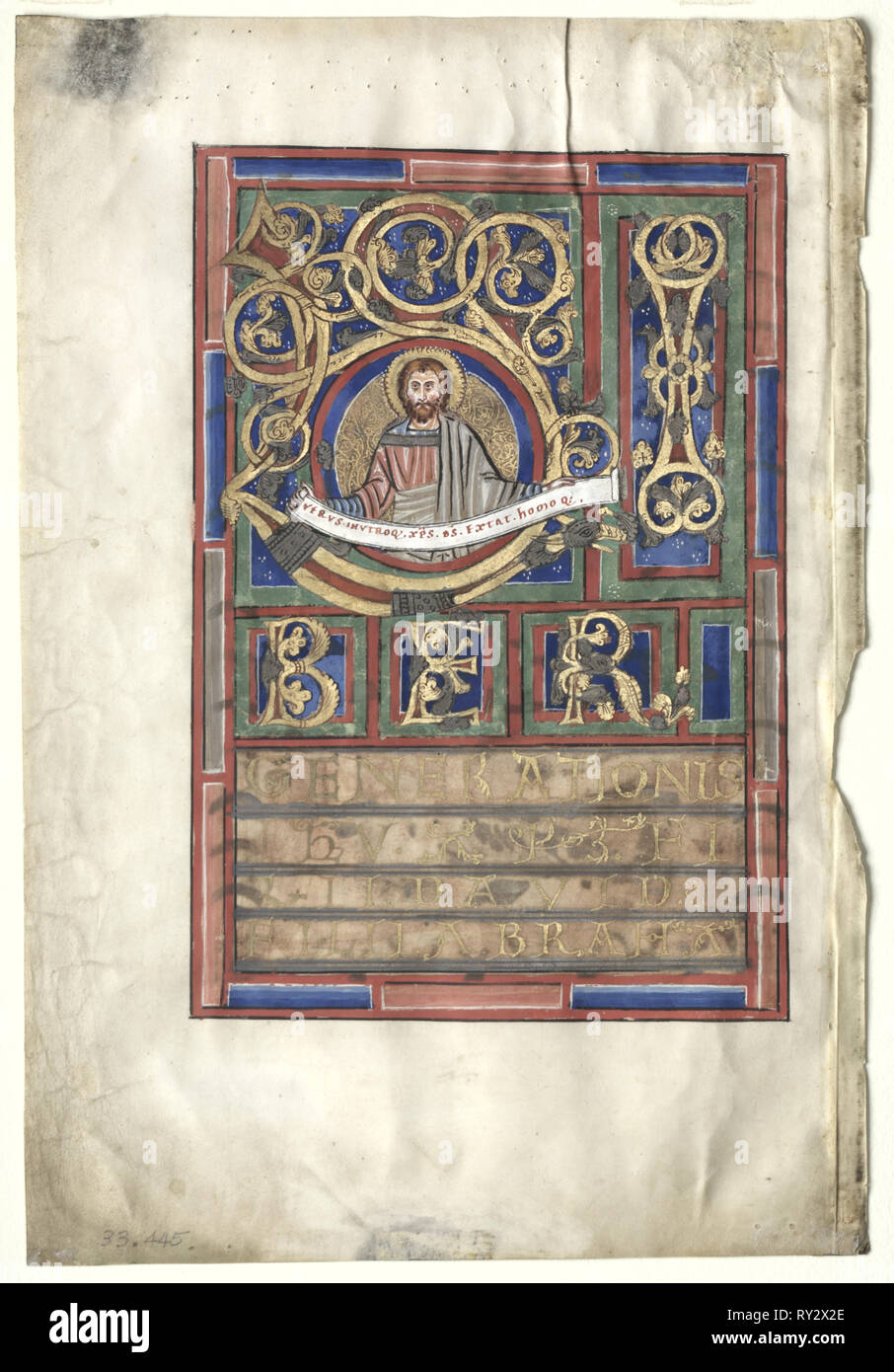 Feuille unique excisés d'un livre de l'Evangile avec Initial L[iber generationis] : Saint Matthieu (verso), ch. 1190. L'Allemagne, l'Helmarshausen Abbaye, 12ème siècle. Encre, tempera, argent et or sur vélin ; feuille : 34,3 x 23,3 cm (13 1/2 x 9 3/16 in.) ; produits : 52,4 x 39,7 cm (20 5/8 x 15 5/8 in.) ; enchevêtrées : 48,9 x 36,2 cm (19 1/4 x 14 1/4 in Banque D'Images