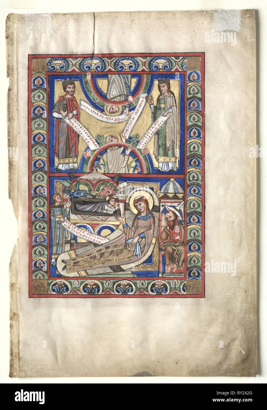 Feuille unique excisés d'un livre de l'Evangile : La Nativité (recto) et saint Matthieu (verso), ch. 1190. L'Allemagne, l'Helmarshausen Abbaye, 12ème siècle. Encre, tempera, argent et or sur vélin ; feuille : 34,6 x 23,4 cm (13 5/8 x 9 3/16 in.) ; produits : 52,4 x 39,7 cm (20 5/8 x 15 5/8 in.) ; enchevêtrées : 48,9 x 36,2 cm (19 1/4 x 14 1/4 in Banque D'Images