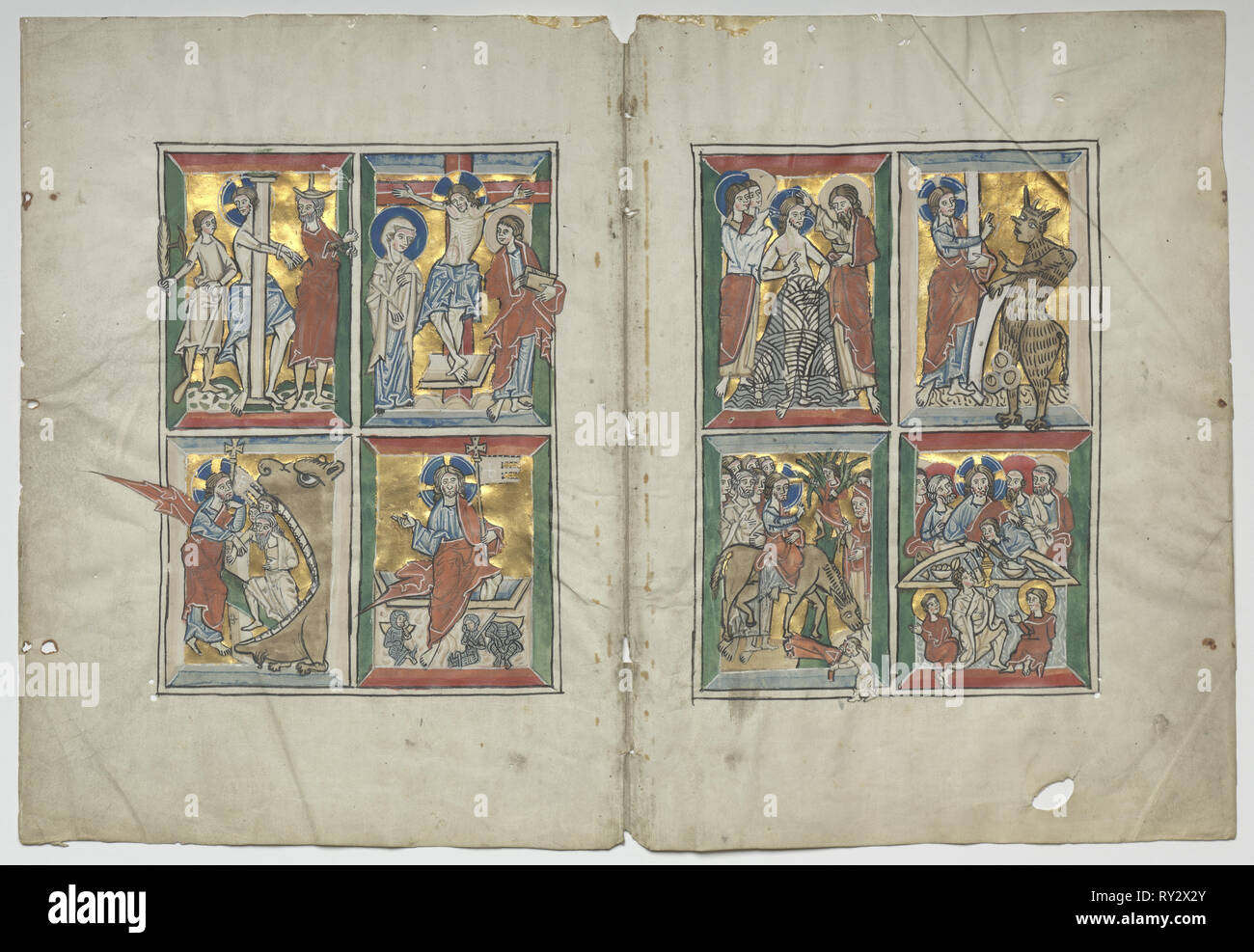 Bifolio avec des scènes de la vie du Christ, 1230-1240. Allemagne, Basse-Saxe (diocèse de Hildesheim), Braunschweig( ?), 13e siècle. Tempera et or sur parchemin ; feuille : 31 x 22,5 cm (12 3/16 x 8 7/8 in.) ; produits : 48,3 x 63,5 cm (19 x 25 in.) ; total : 30,7 x 45,2 cm (12 1/16 x 17 13/16 in.) ; enchevêtrées : 40,6 x 55,9 cm (16 x 22 in Banque D'Images