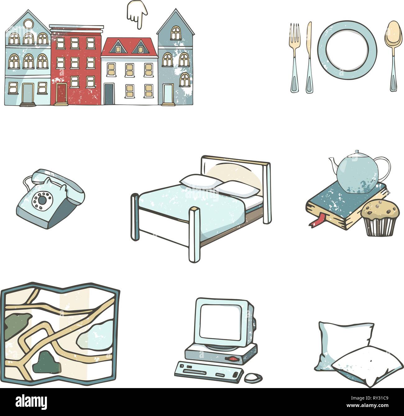 Abstract icons set de planifier des vacances, voyager en vacances voyage, et les bagages des passagers. Télévision inhabituel design line icons set hand drawn clip art Illustration de Vecteur
