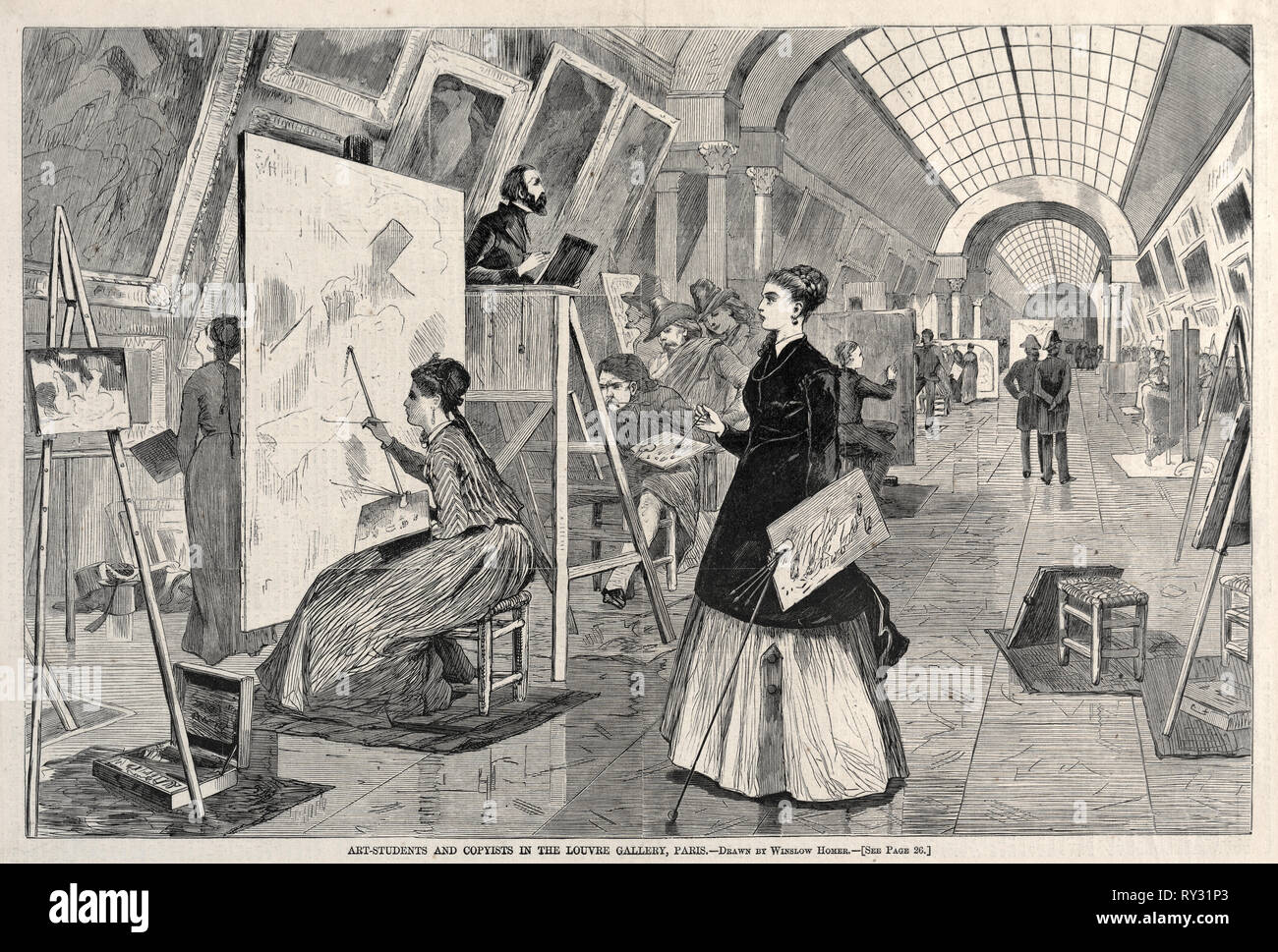 Des étudiants en art et des copistes dans la galerie du Louvre, Paris, 1864. Winslow Homer (Américain, 1836-1910). La gravure sur bois Banque D'Images