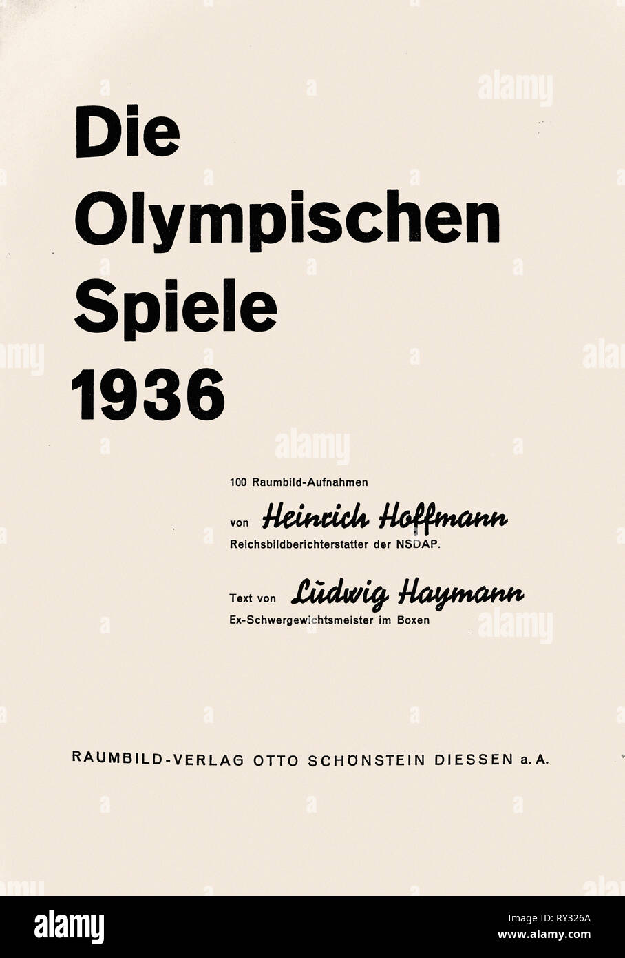 Jeux Olympiques de 1936 Berlin - Page de titre aux Jeux Olympiques 1936 par Heinrich Hoffmann Photographie Texte Raumbild Ludwig Haymann Verlag 1936 Banque D'Images