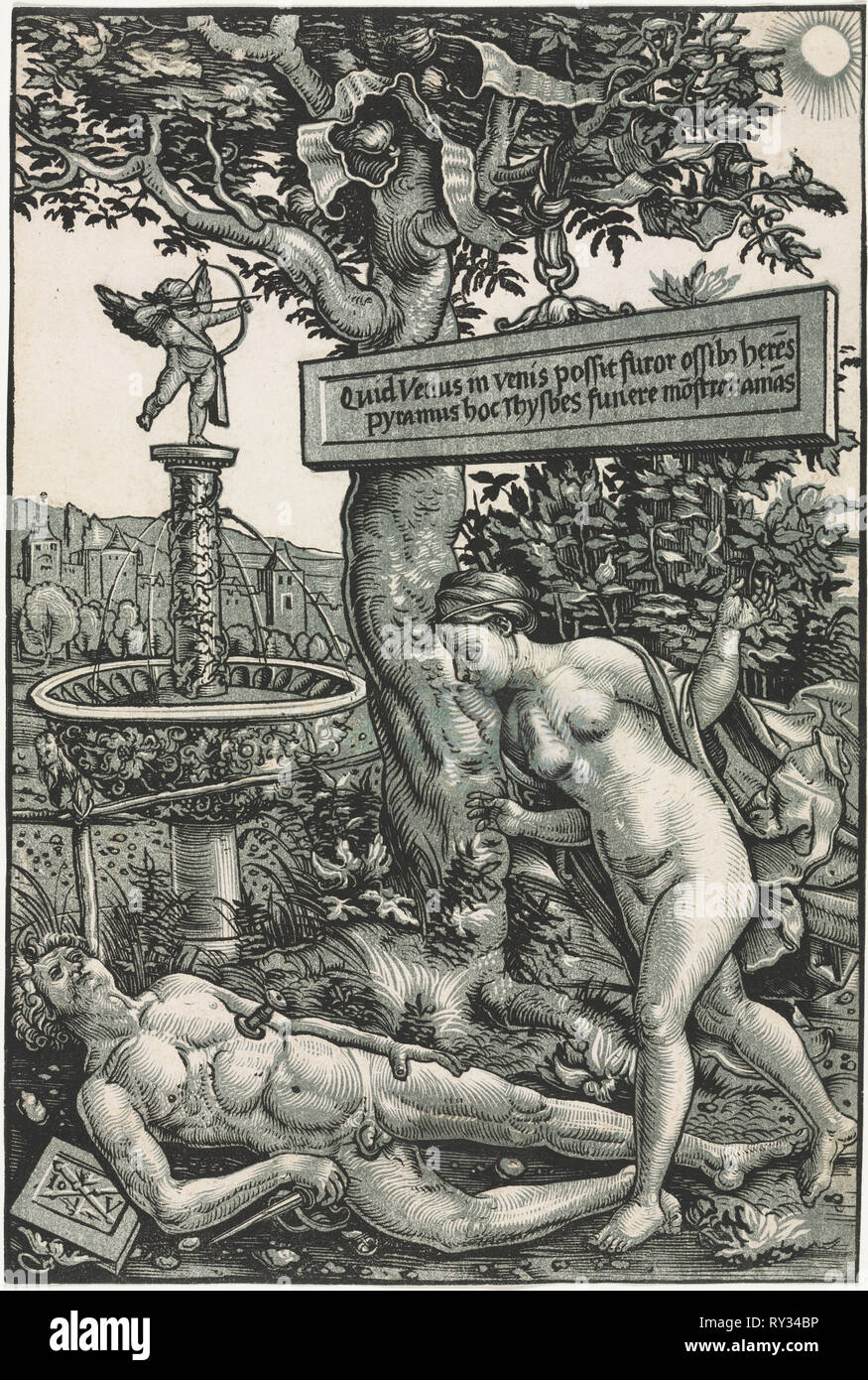 Pyramus et Thisbe, ch. 1510. Hans Wechtlin (allemand, 1480/85/recul de 1526). Gravure sur bois clair-obscur Banque D'Images