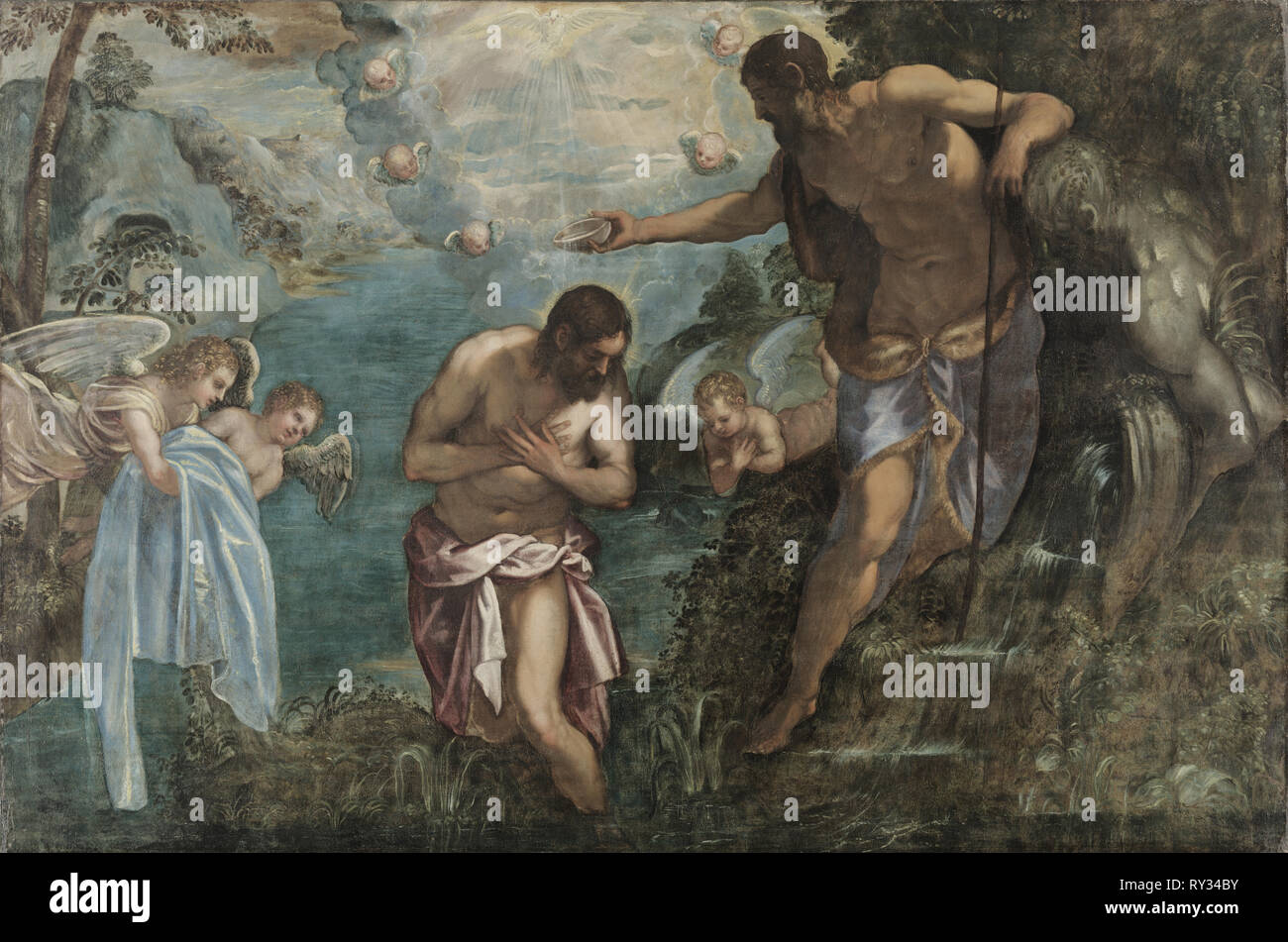 Le Baptême du Christ, années 1580. Atelier de Jacopo Tintoretto (italien, 1518-1594). Huile sur toile encadrée ; : 200 x 286,5 x 14 cm (78 3/4 x 112 13/16 x 5 1/2 in.) ; sans encadrement : 169 x 251,4 cm (66 9/16 x 99 en Banque D'Images