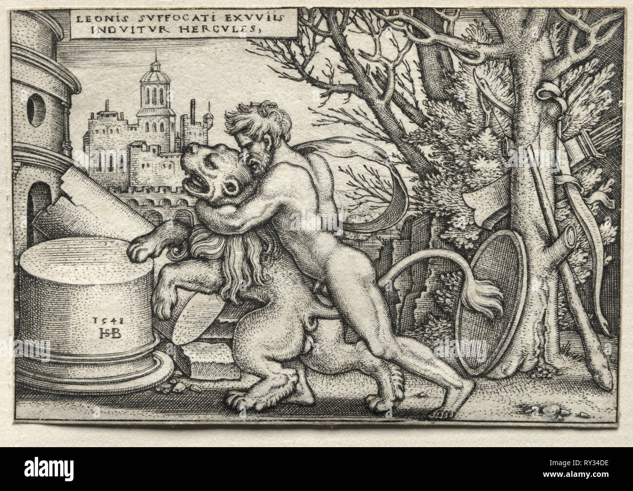 Les travaux d'Hercule : Hercules étranglant le lion de Némée, 1548. Hans Sebald Beham (allemand, 1500-1550). Gravure Banque D'Images