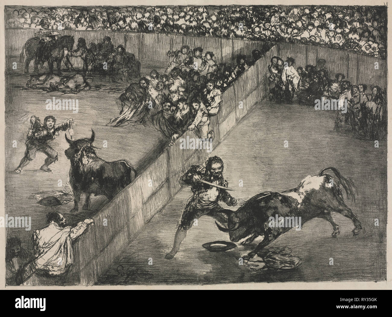 Les taureaux de Bordeaux : corrida dans un anneau divisé, 1825. Francisco de Goya (Espagnol, 1746-1828). Lithographie Banque D'Images