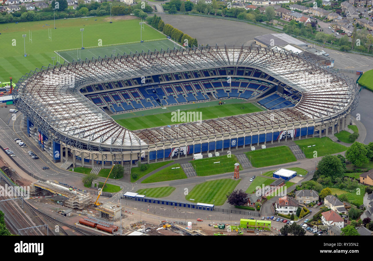 Vue aérienne de BT Stade de Murrayfield, Edinburgh. Banque D'Images