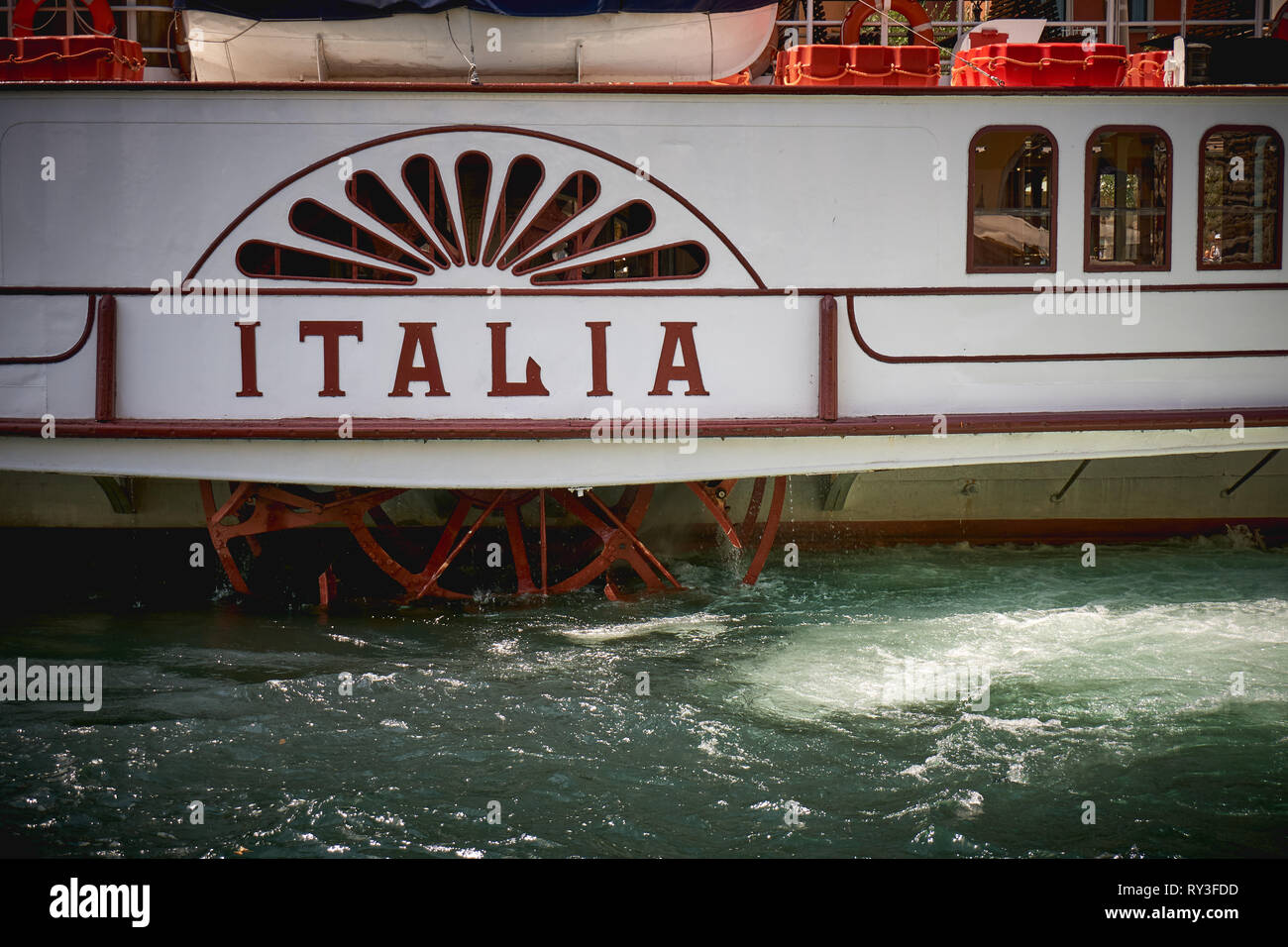 Riva del Garda, Italie - août 2018. Détail de l'hélice de l'Steamboat 'Italia' sur le lac de Garde. Banque D'Images