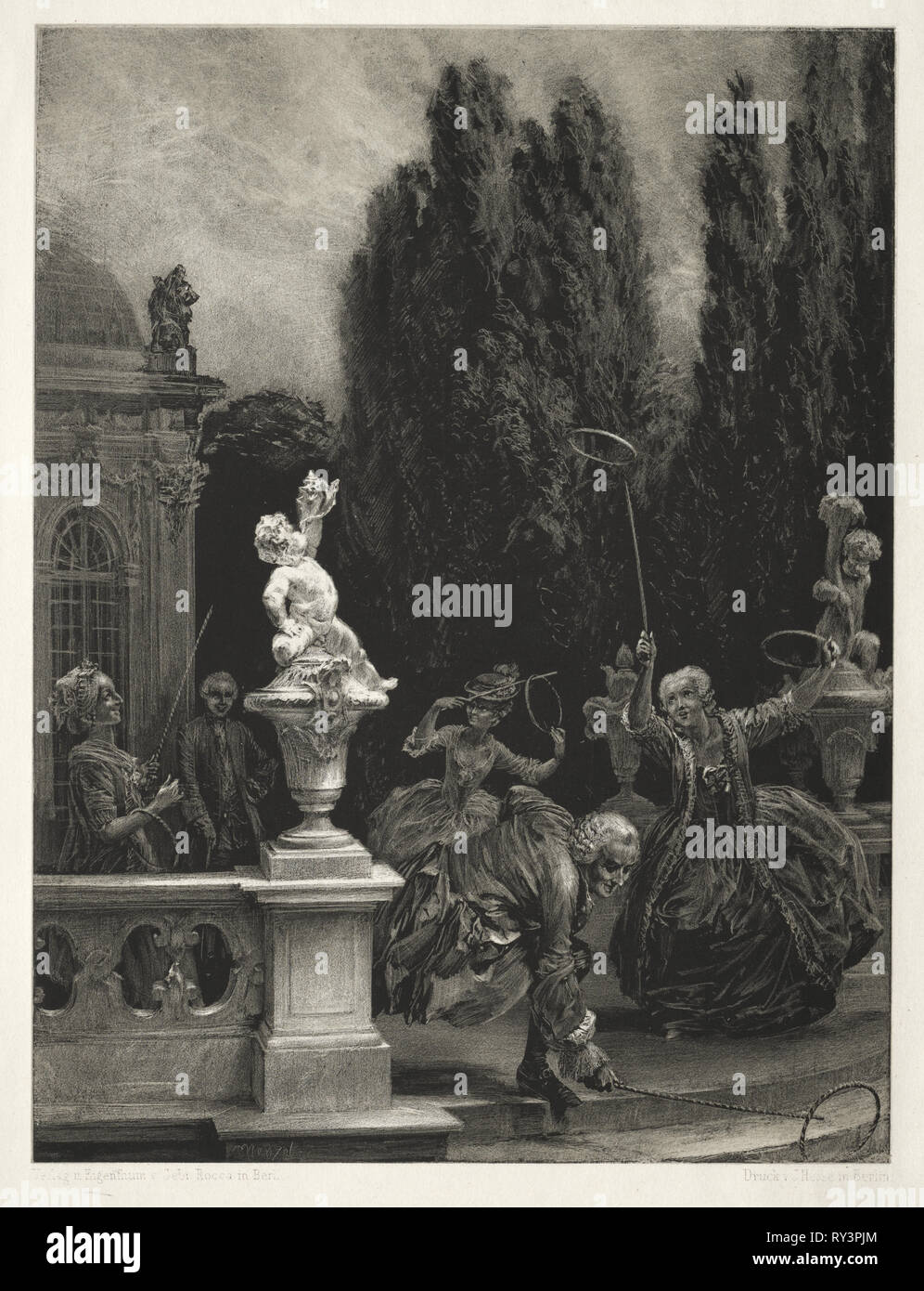 Essai sur pierre avec brosse et grattoir : Jouer à Ball sur la terrasse du château, 1851. Adolph von Menzel (allemand, 1815-1905). Lithographie Banque D'Images