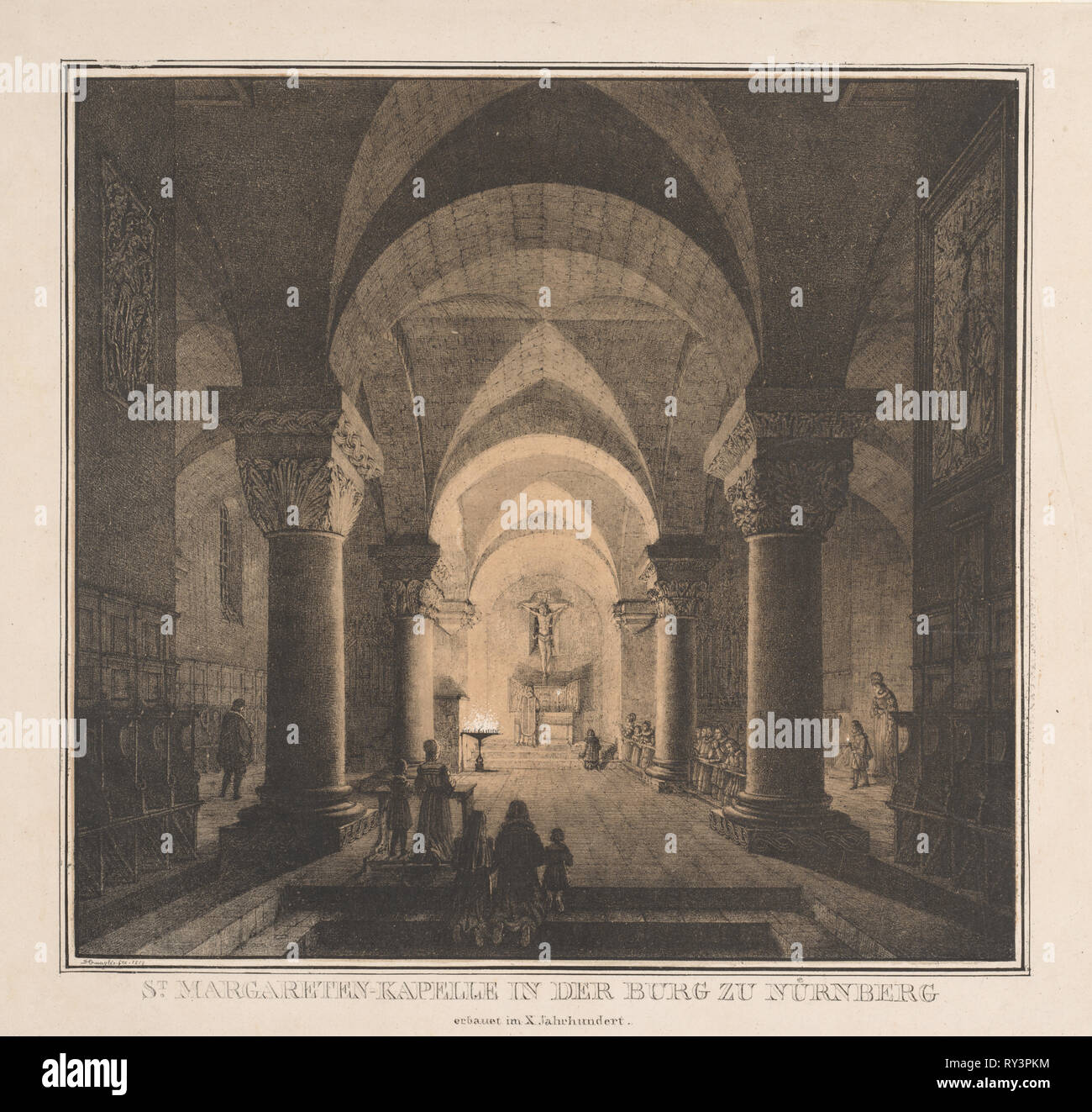 Des bâtiments du Moyen Age en Allemagne : la chapelle dans le château impérial de Nuremberg, 1819. Domenico Quaglio (allemand, 1787-1837). Lithographie Banque D'Images