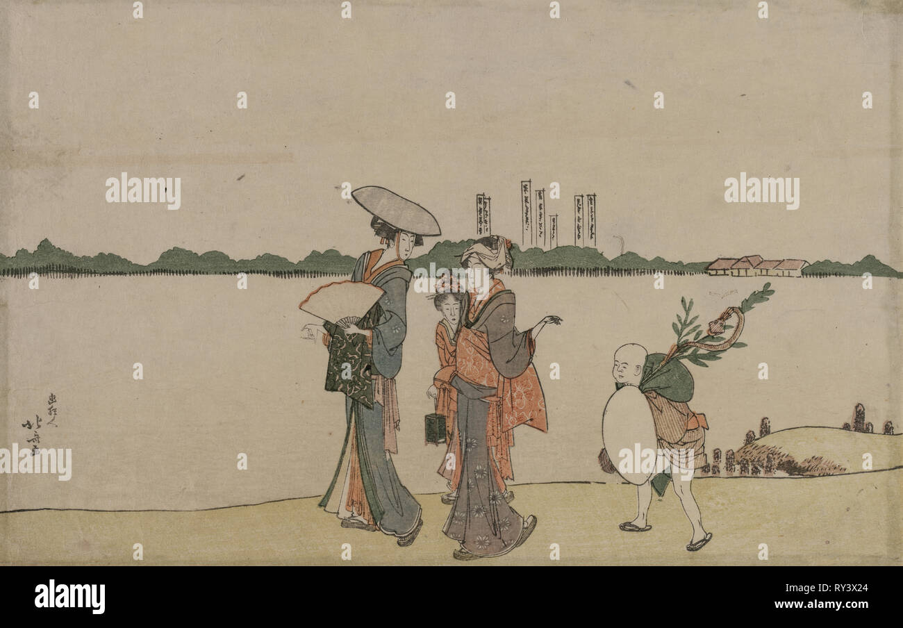 Les femmes et les enfants à marcher le long de la rivière Sumida, début des années 1800. Katsushika Hokusai (1760-1849), Japonais. Gravure sur bois en couleur ; feuille : 36,9 x 23,6 cm (14 1/2 x 9 5/16 in Banque D'Images