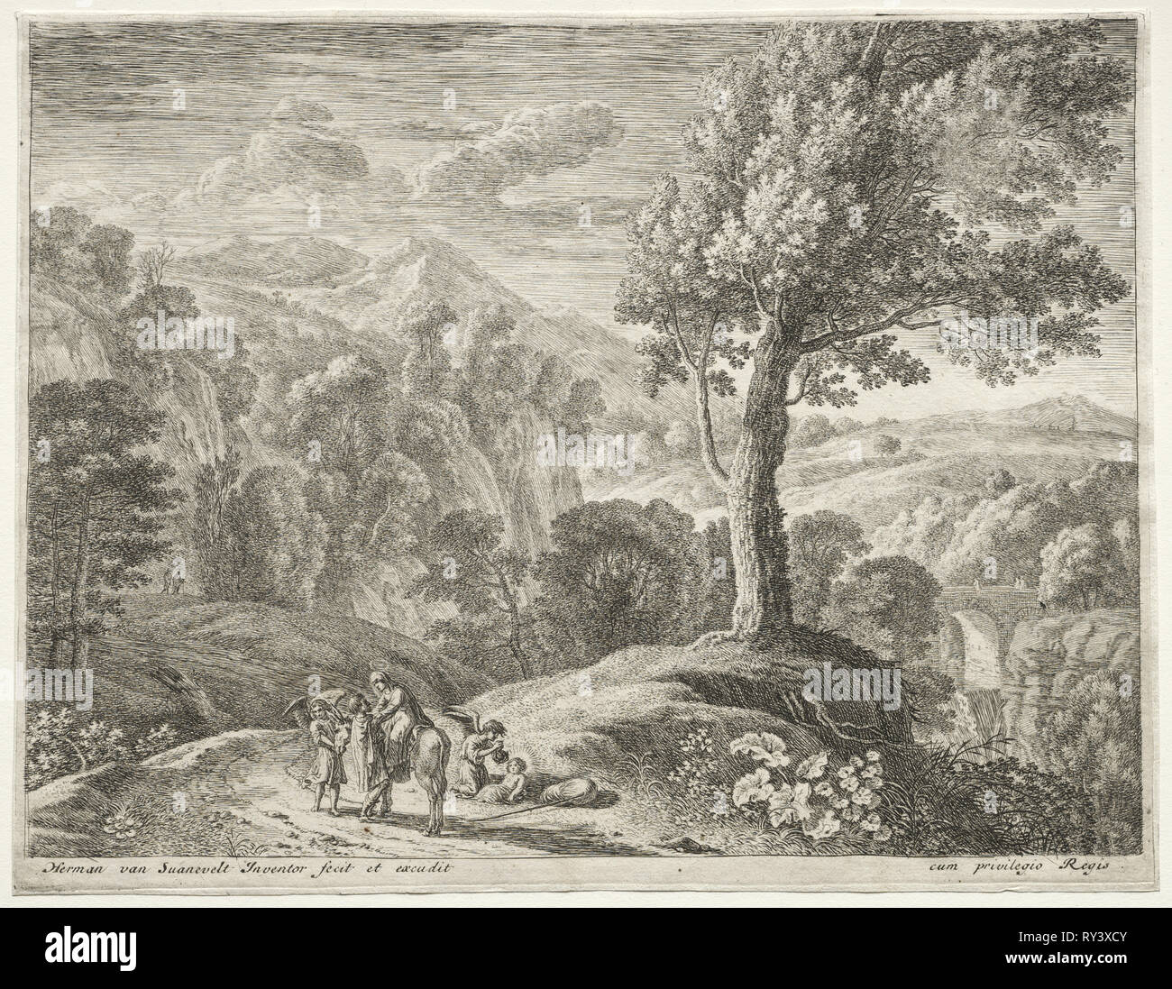 La Fuite en Égypte : Le grand arbre et le cuocade. Herman van Swanevelt (Néerlandais), ch. 1600-1655). Eau-forte Banque D'Images