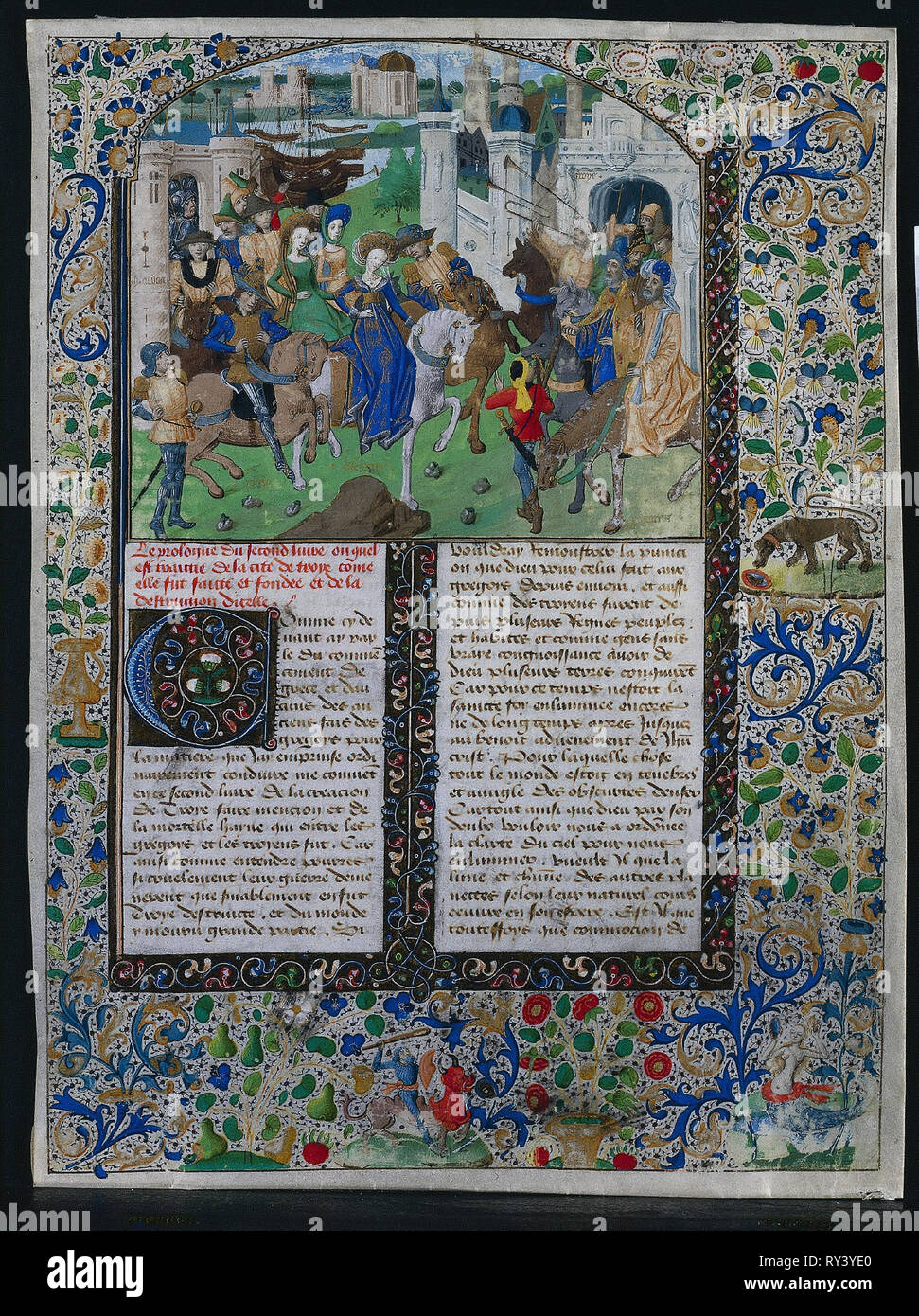 Feuilles de Jehan de Courcy's 'Chronique Universelle' : Le Roi Priam répond à Helen et à Paris à l'extérieur des portes de Troie, ch. 1470. Le nord-est de la France, 15e siècle. Encre, tempera, et d'or sur vélin ; feuille : 36,3 x 27,2 cm (14 x 10 5/16 11/16 à Banque D'Images