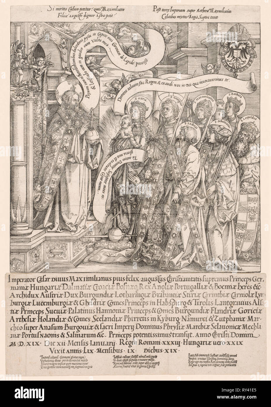 Maximilian présenté par son Saint patron au tout-puissant, 1519. Hans (Snyders Frans (genre allemand, 1540). Gravure sur bois Banque D'Images