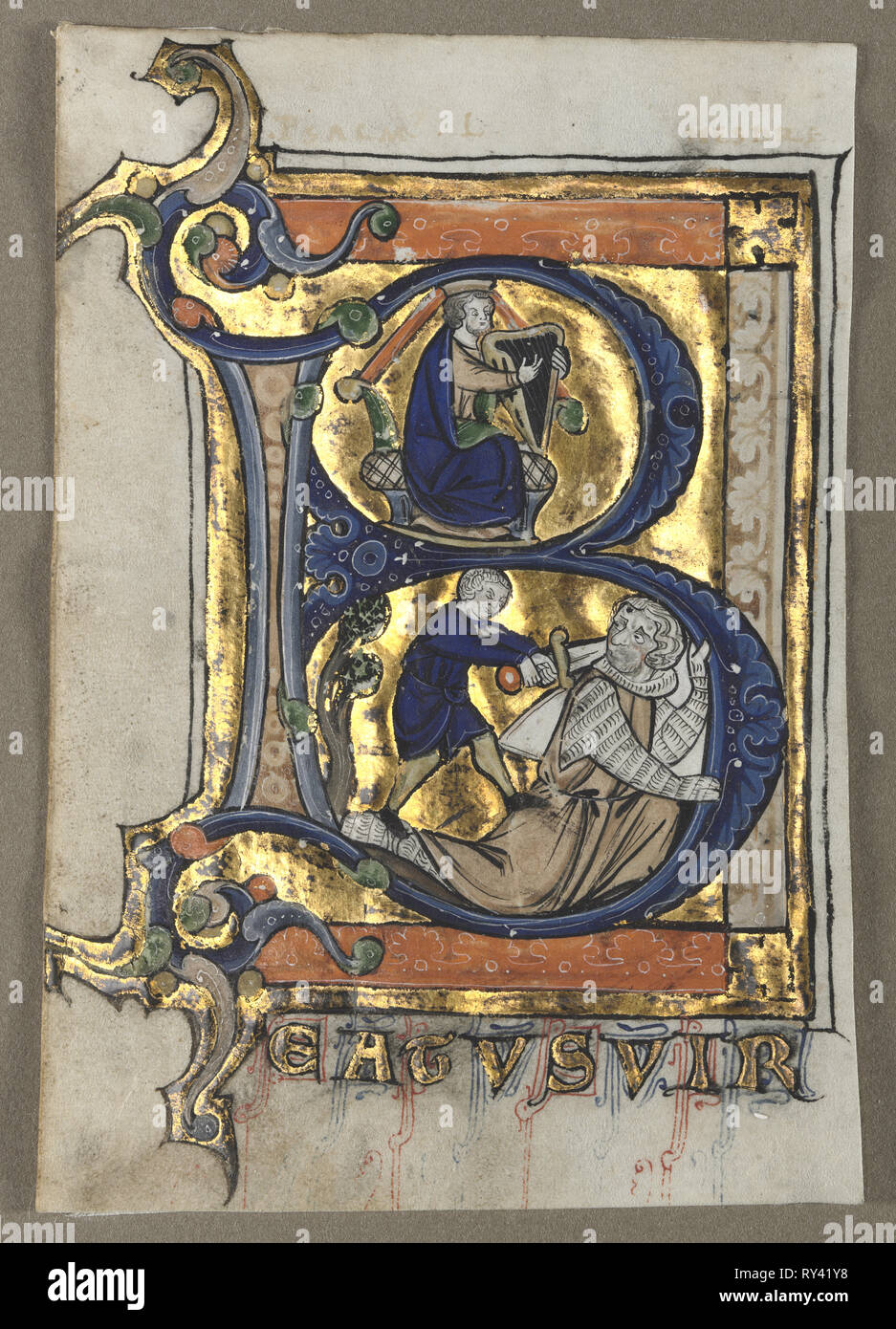 Leaf excisés d'un Psautier : B initial avec le roi David, ch. 1260. Flandre, Liège ( ?), 13e siècle. Tempera et or sur parchemin ; feuille : 13 x 8,9 cm (5 1/8 x 3 1/2 po Banque D'Images