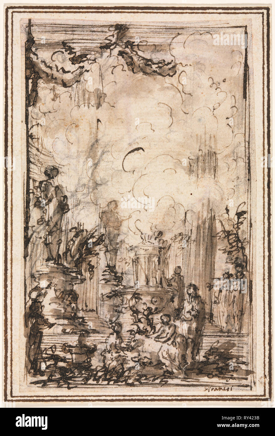 Offrande sacrificielle dans un temple, après 1750. Giovanni Battista Piranesi (italien, 1720-1778). Plume et encre brune et la brosse et brun et gris Lignes de lavage ; ossature en encre marron ; feuille : 14,3 x 9,1 cm (5 5/8 x 3 9/16 in.) ; appui secondaire : 15,3 x 10,4 cm (6 x 4 1/8 in Banque D'Images