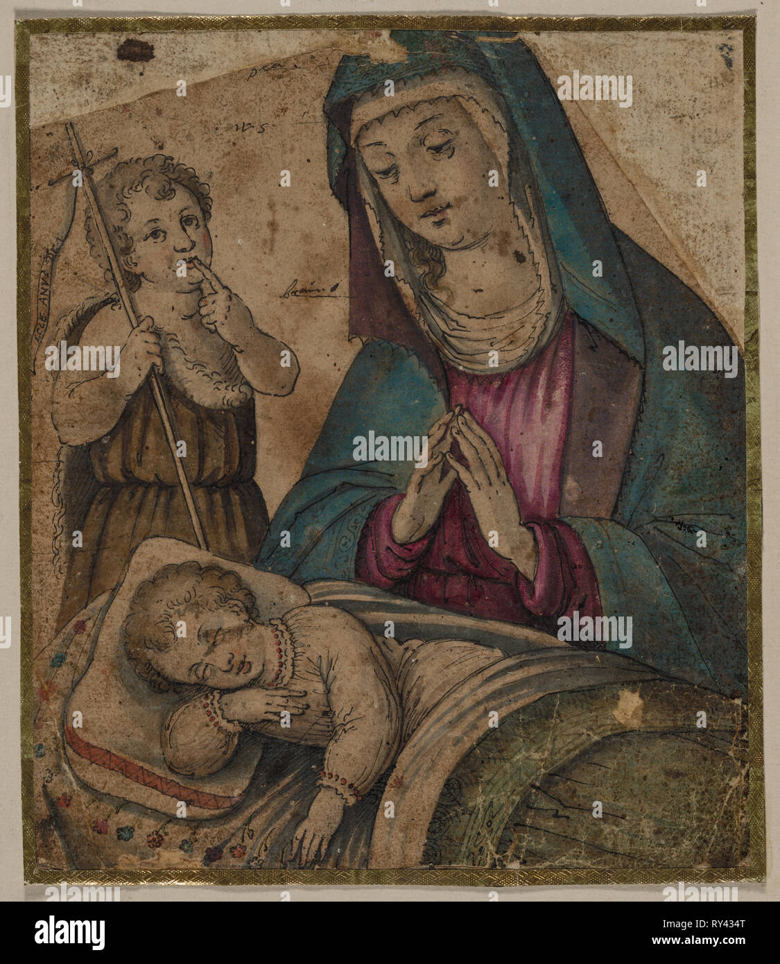 Vierge à l'enfant avec Saint John, 1500. Italie, 16e siècle. Plume et encre noire et pinceau et lavis et bleu, vert, rouge et violet-rouge ; gouache : feuille 17,6 x 15 cm (6 15/16 x 5 7/8 in.) ; appui secondaire : 18,2 x 15,6 cm (7 3/16 x 6 1/8 in.) ; soutien tertiaire : 18,2 x 15,6 cm (7 3/16 x 6 1/8 in.) ; soutien quadratique : 24,8 x 20,9 cm (9 3/4 x 8 1/4 in Banque D'Images