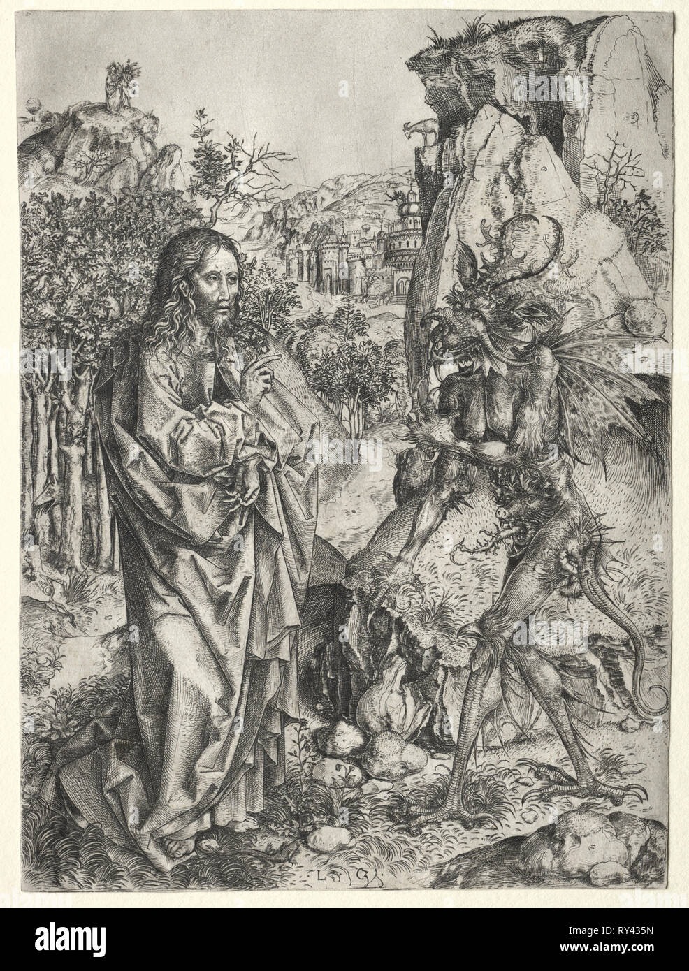 La Tentation du Christ, années 1400. L maître Cz (allemand). Fiche technique : 22,8 x 16,8 cm (9 x 6 5/8 in.) ; mat Taille : 48,7 x 36,2 cm (19 3/16 x 14 1/4 po Banque D'Images