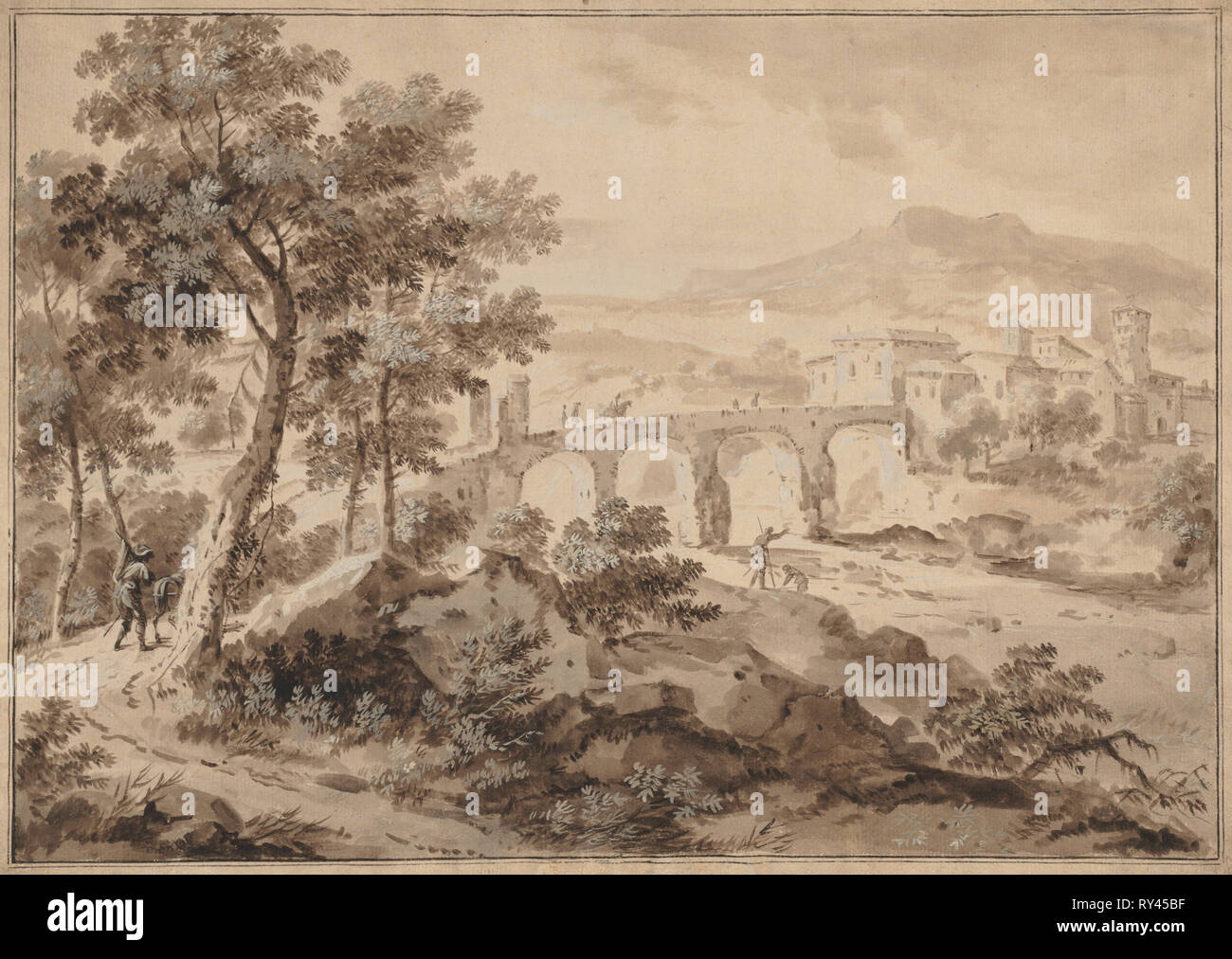 Paysage avec pont, 1700-1729. Marco Ricci (italien, 1676-1729). Pinceau et lavis de gouache verte, avec le blanc de plomb ; ossature lignes dans l'encre brune ; feuille : 40 x 54,5 cm (15 3/4 x 21 7/16 po.) ; image : 36,7 x 51,9 cm (14 7/16 x 20 7/16 po Banque D'Images