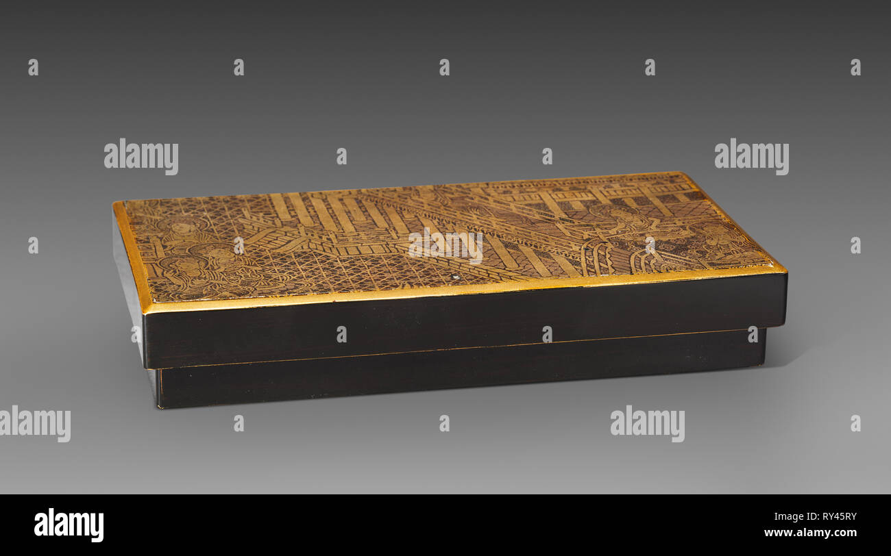 Monté comme un fragment de couvercle de boîte avec une scène d'Amida's Paradise, 1100s. Le Japon, la fin de la période Heian (ch. 900-1185). Laque d'or sur bois ; total : 2,6 x 7,8 cm (1 x 3 1/16 in Banque D'Images