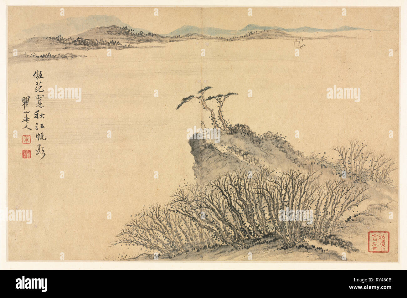 Des paysages dans divers styles après l'Art Ancien, 1690. Mei Qing (Chinois, 1623-1697). Feuille d'album : l'encre et couleur sur papier ; total : 28,6 x 44 cm (11 1/4 x 17 5/16 in Banque D'Images