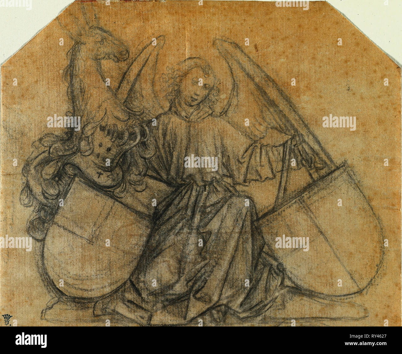 Un ange soutenant deux écussons, c. 1470. Attribuée à Nikolaus Gerhaert von Leyden (allemand). Craie noire ou du charbon ; ossature en lignes de crayon rouge et graphite ; feuille : 17,3 x 21,2 cm (6 13/16 x 8 3/8 in Banque D'Images
