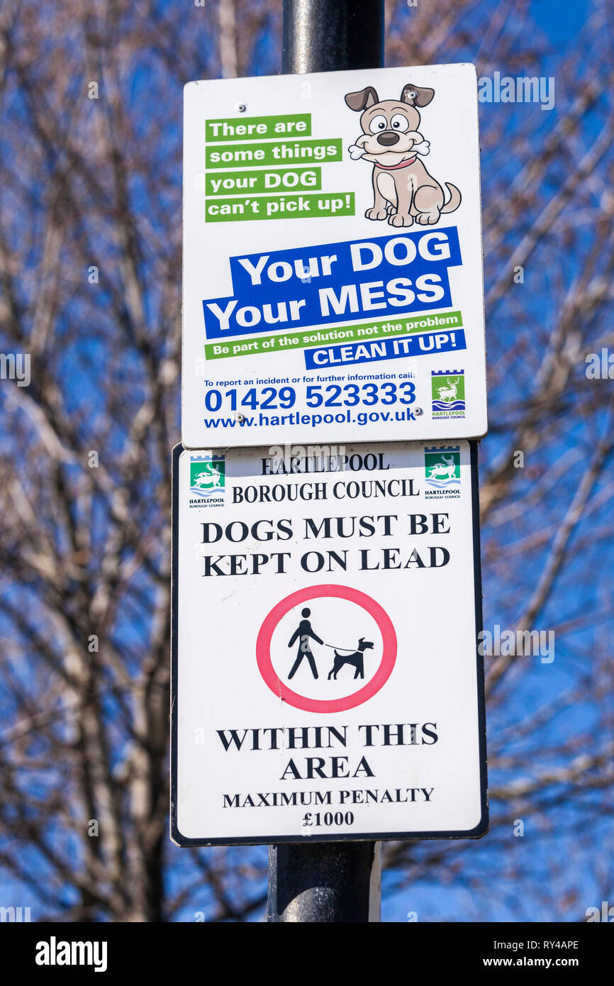 À propos de signes de mess et chien en laisse les chiens à Hartlepool, Angleterre, Royaume-Uni Banque D'Images