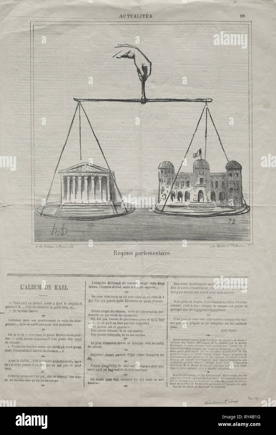 Publié dans Le Charivari (1 février 1970) : Actualités (No. 10) : régime parlementaire, 1870. Honoré Daumier (Français, 1808-1879). Fiche technique : Lithographie ; 43,9 x 61,6 cm (17 1/4 x 24 5/16 in.) ; Image : 23 x 22,9 cm (9 1/16 x 9 in Banque D'Images