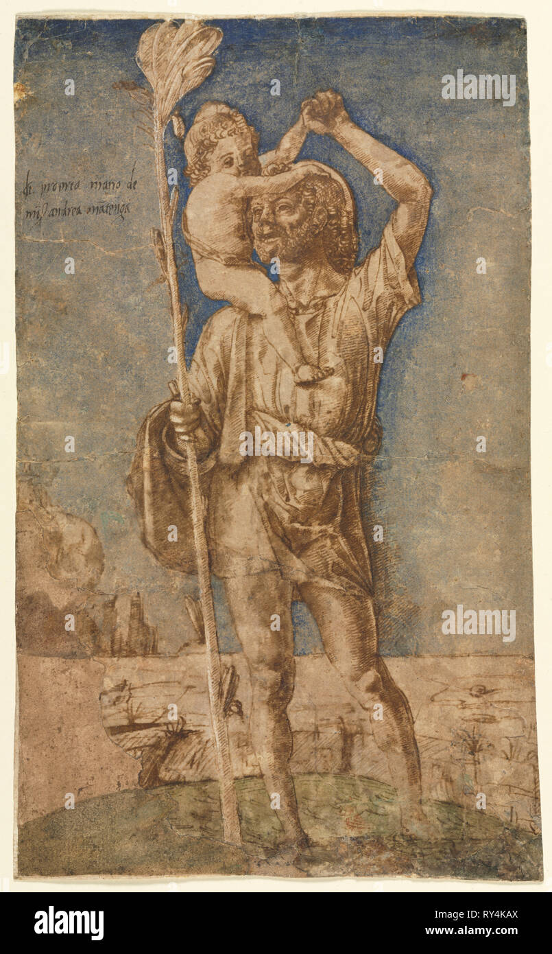 Saint Christopher, c.1500. Andrea Mantegna (italien, 1431-1506). Plume et encre brune et bleu gouache avec brosse de lavage verte et orange et des traces de gouache, rehaussée de gouache blanche ; feuille : 28,6 x 17,4 cm (11 1/4 x 6 7/8 in.) ; appui secondaire : 28,7 x 17,6 cm (6 5/16 x 11 15/16 in Banque D'Images