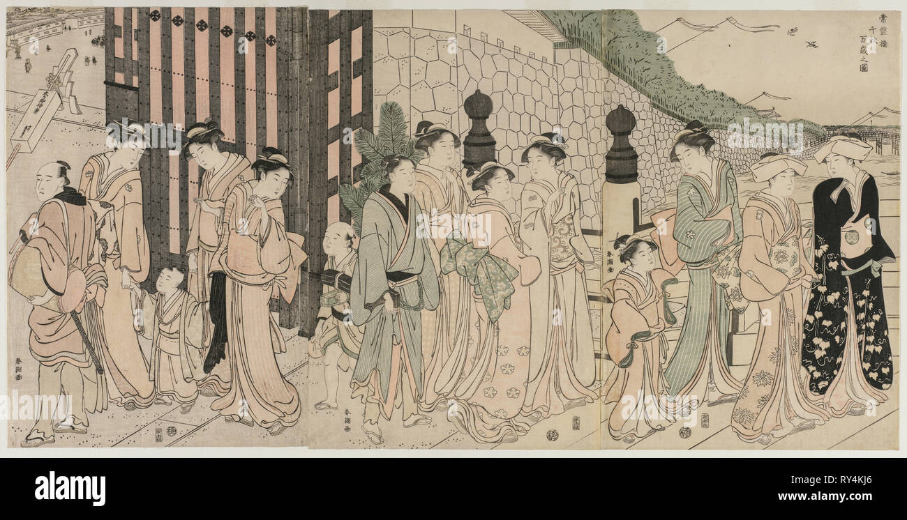 A Thousand Autumns, dix mille ans sur pont Tokiwa, début des années 1790. Katsukawa Shuncho (Japonais). Gravure sur bois en couleur ; total : 36,9 x 25,2 cm (14 1/2 x 9 15/16 in Banque D'Images