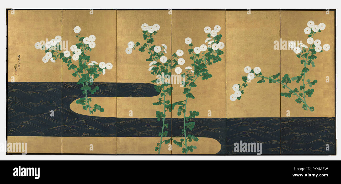 Chrysanthèmes par un ruisseau, fin des années 1700-début des années 1800. Disciple de Korin Ogata (japonais, 1658-1716). L'un d'une paire de paravents à six de bord ; l'encre et couleur sur papier doré ; image : 163,2 x 369,9 cm (64 1/4 x 145 5/8 dans Banque D'Images