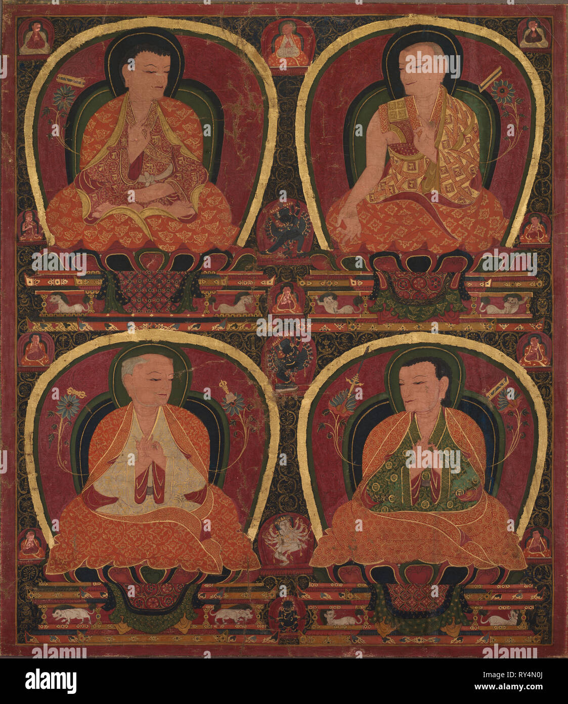 Assis quatre maîtres, c. 1450. Le Tibet central, Ngor, monastère du 15ème siècle. Aquarelle, encre, opaque et d'or sur le coton ; total : 57,7 x 52 cm (22 11/16 x 20 1/2 po Banque D'Images